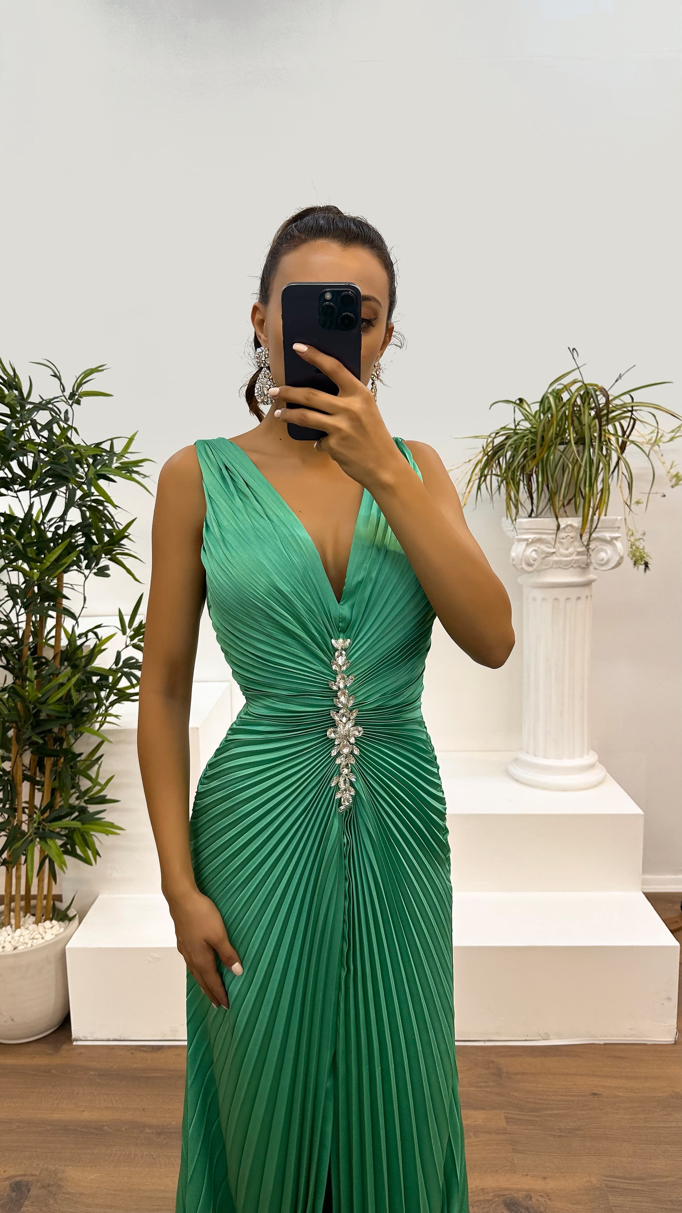 Mint Green Chest Stoned Pleated Embroidered Detail Design Dress