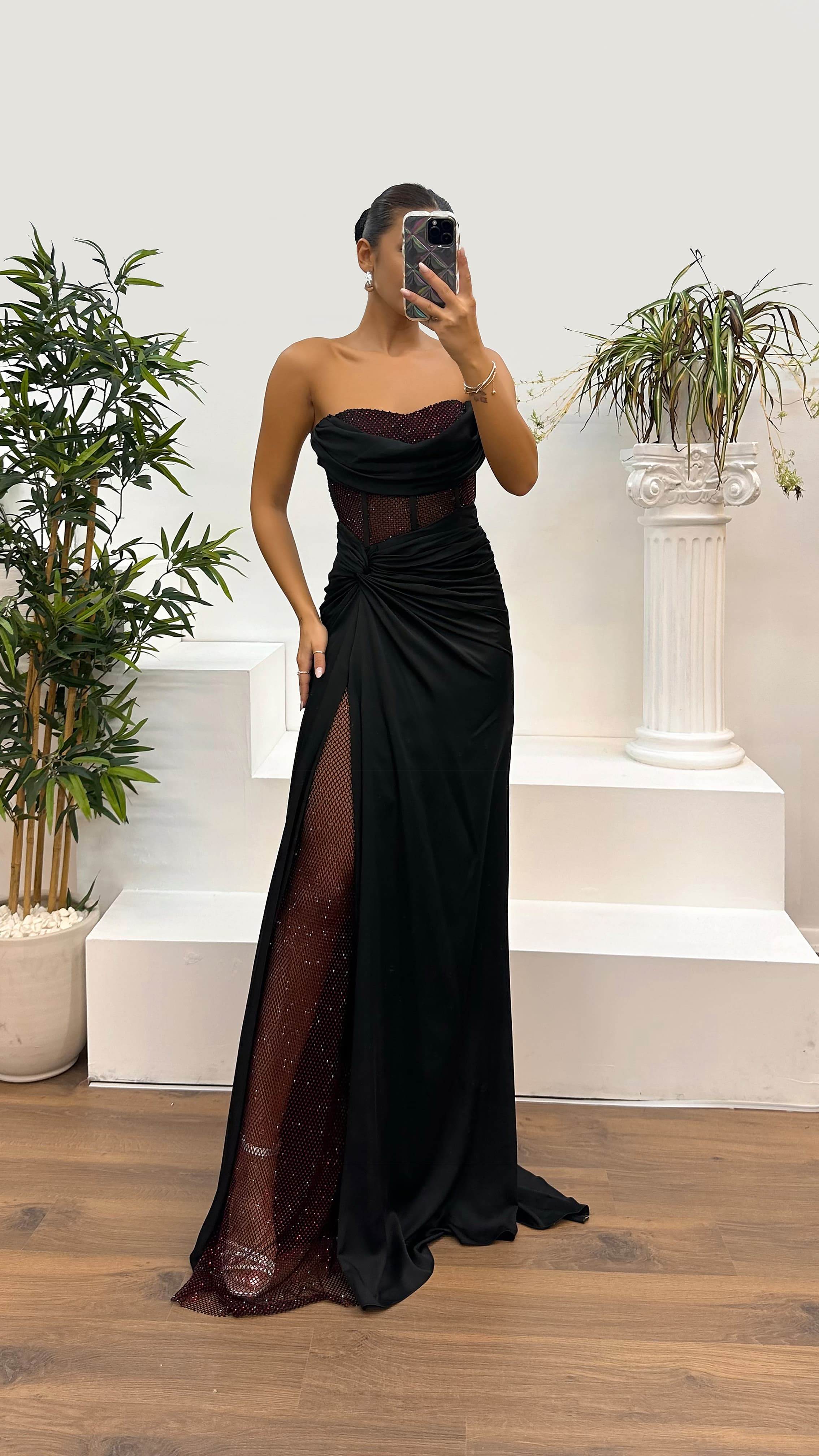 Waist Transparent Draped Design Satin Dress