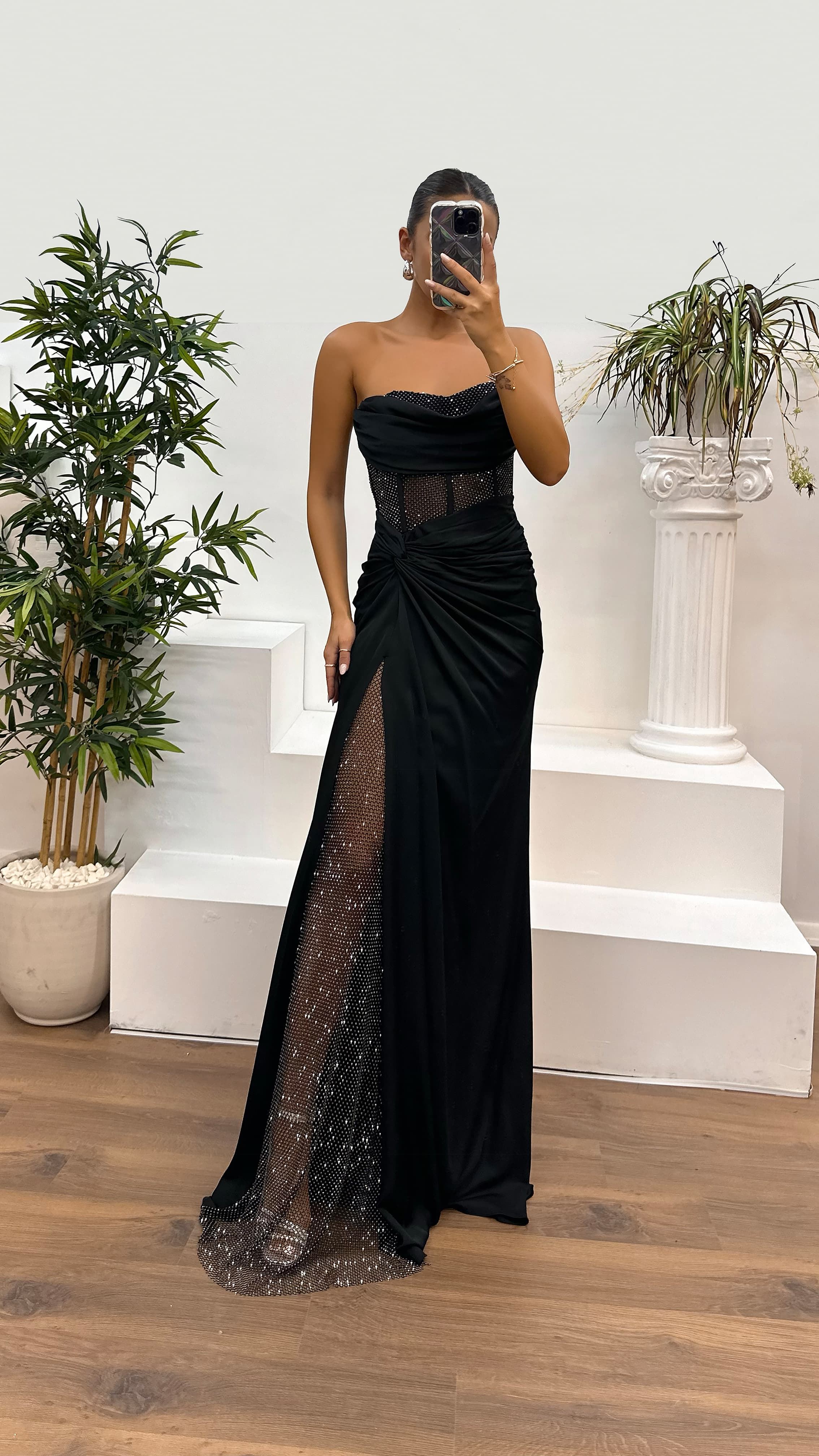 Waist Transparent Draped Design Satin Dress