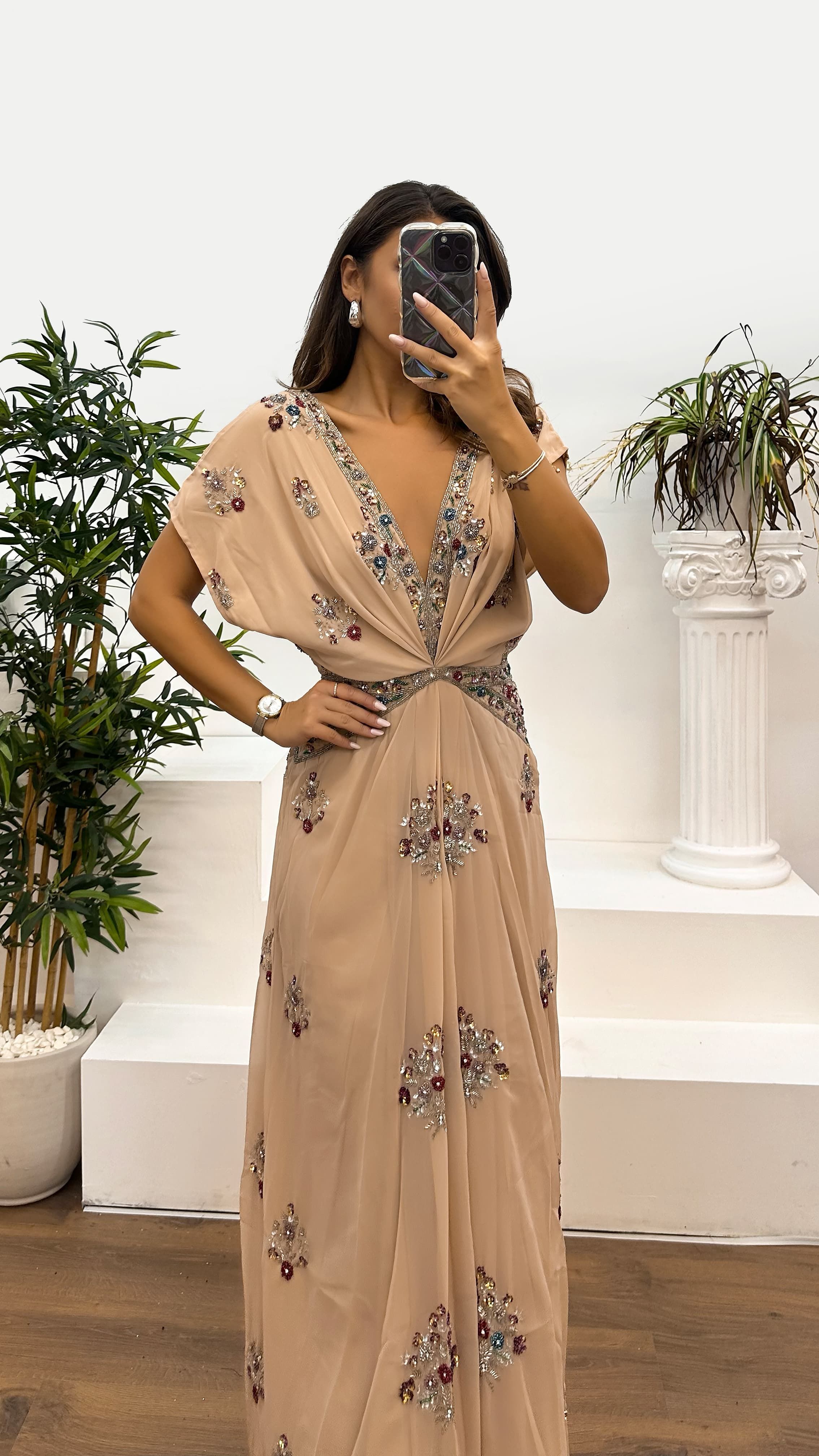 V-Neck Patterned Special Design Dress