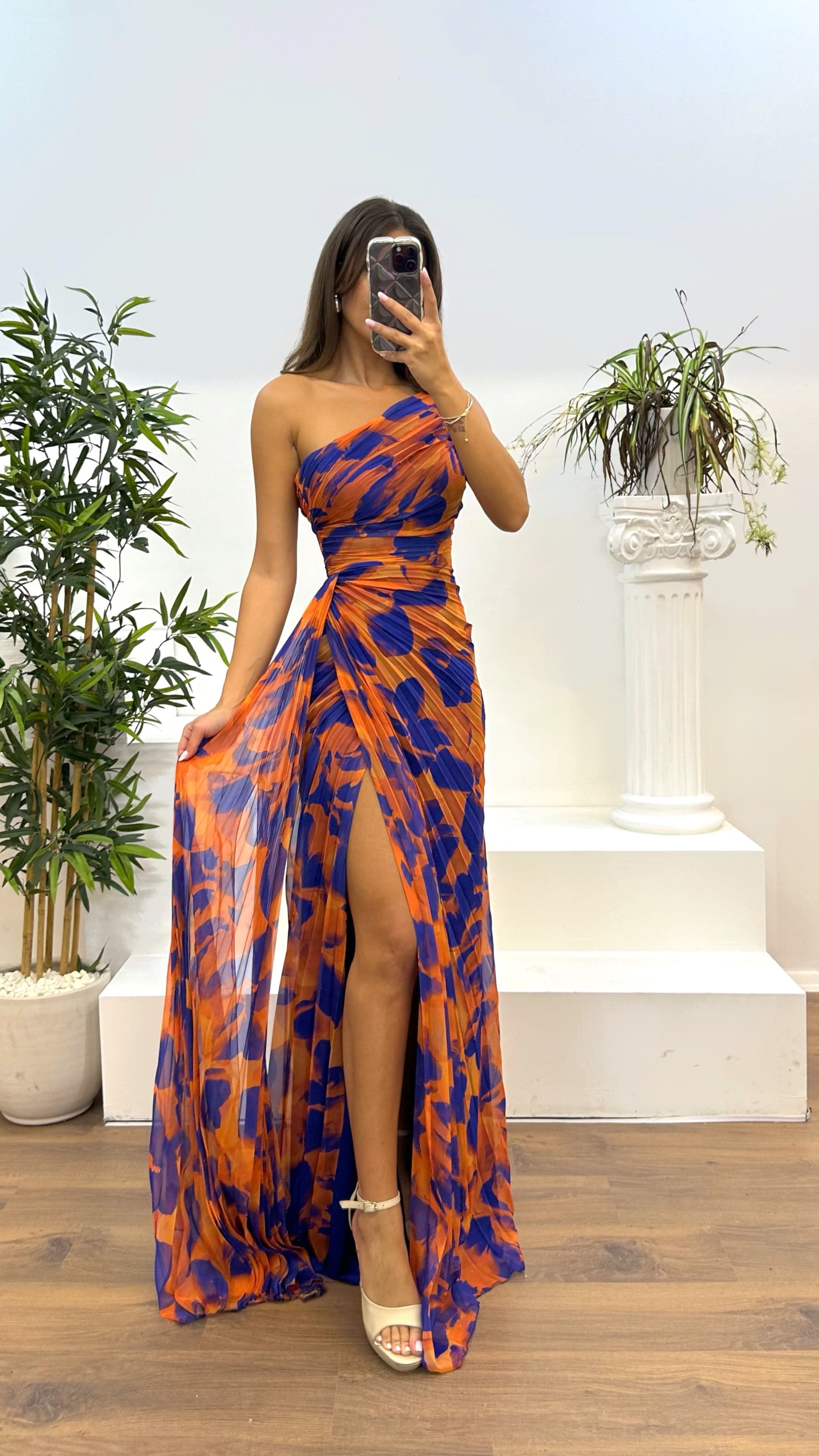 One Shoulder Patterned Pleated Evening Dress