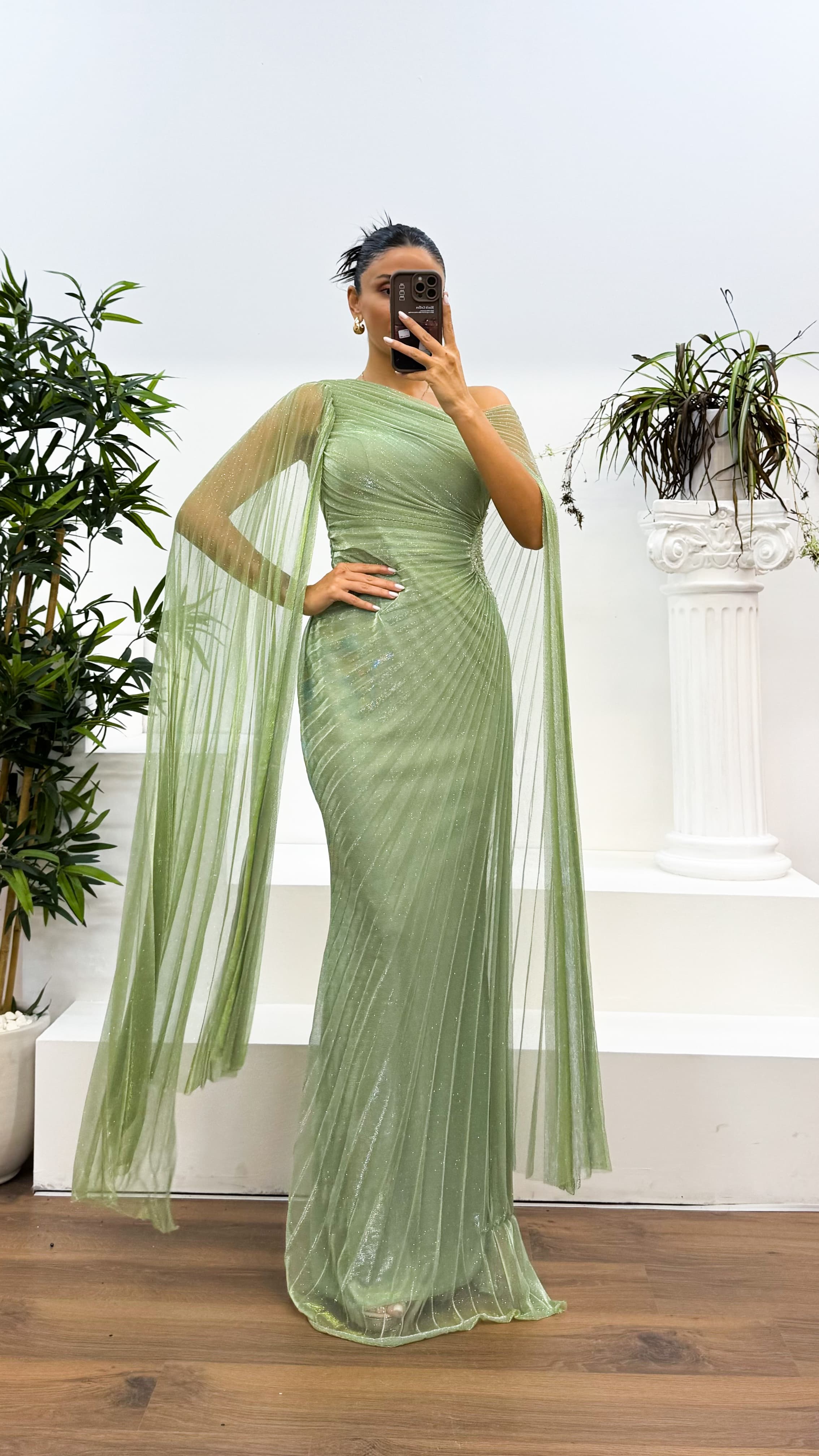 Waist Detail Pleated Glitter Evening Dress