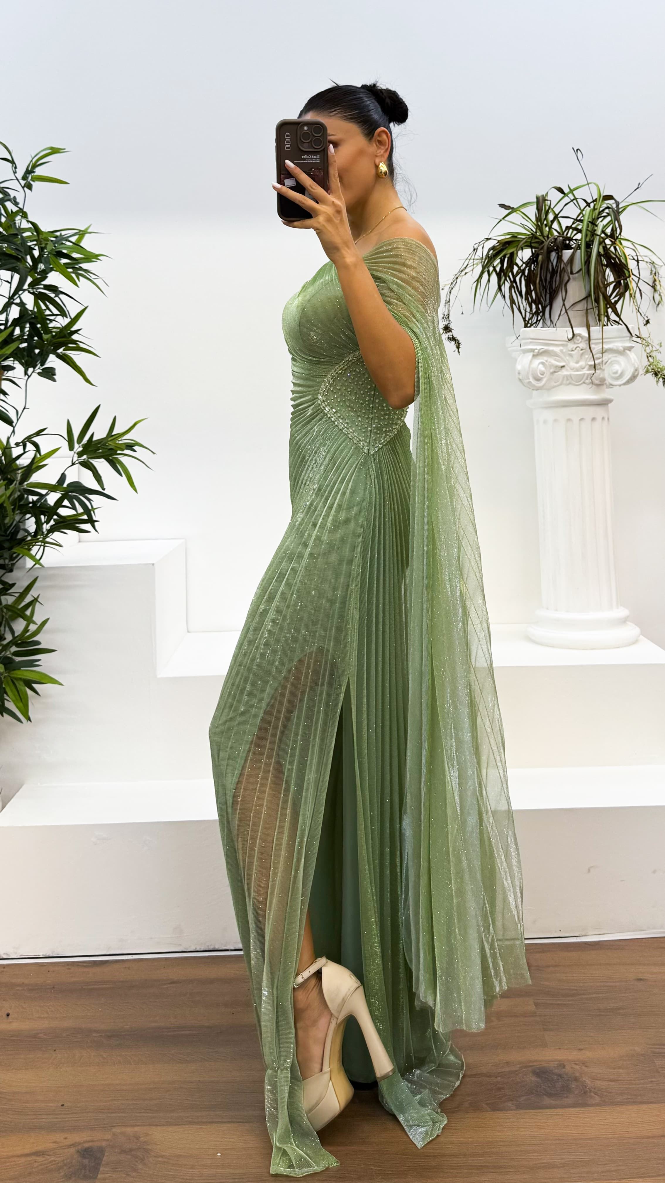 Waist Detail Pleated Glitter Evening Dress