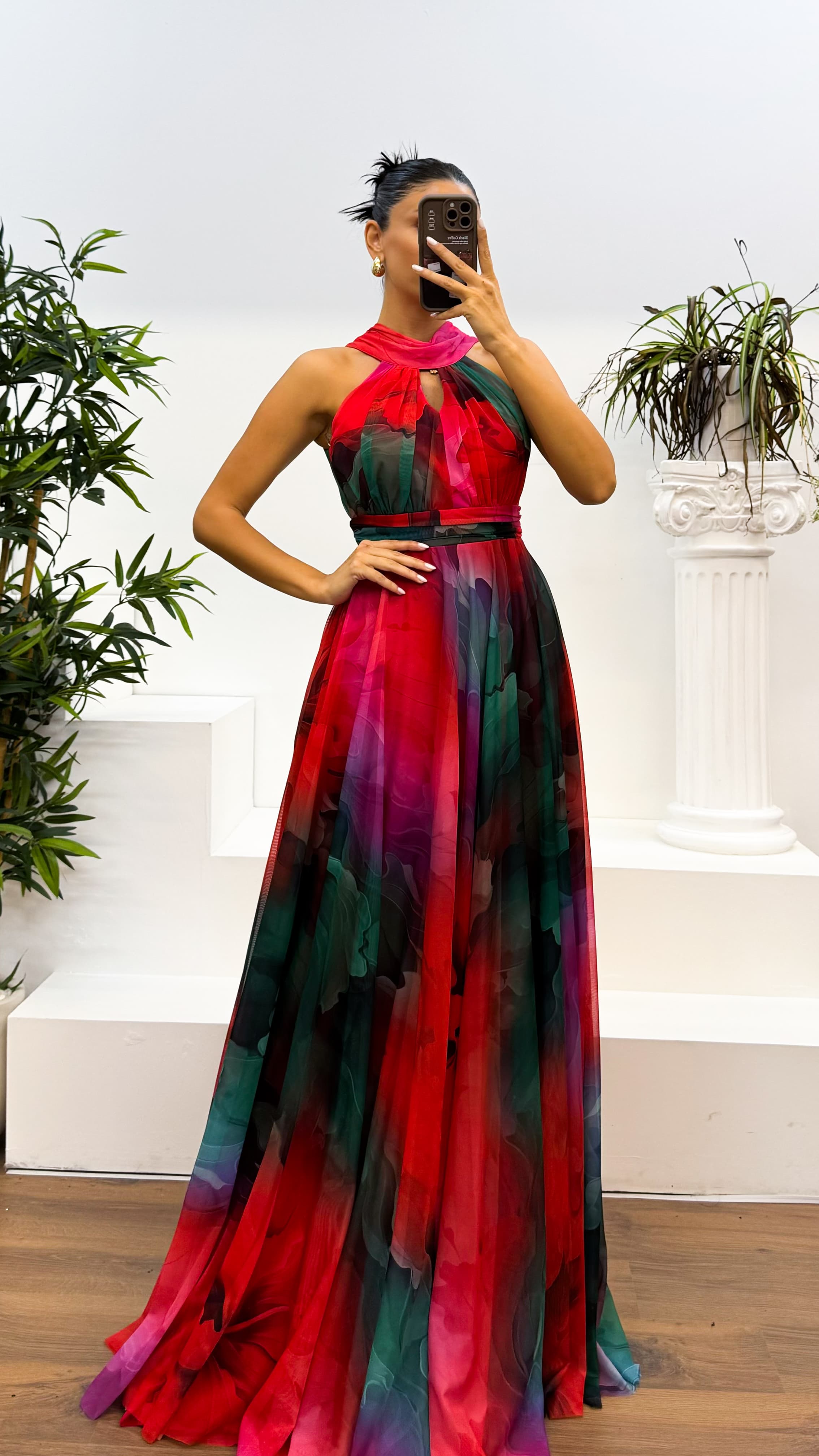 Neck Detail Patterned Chiffon Dress