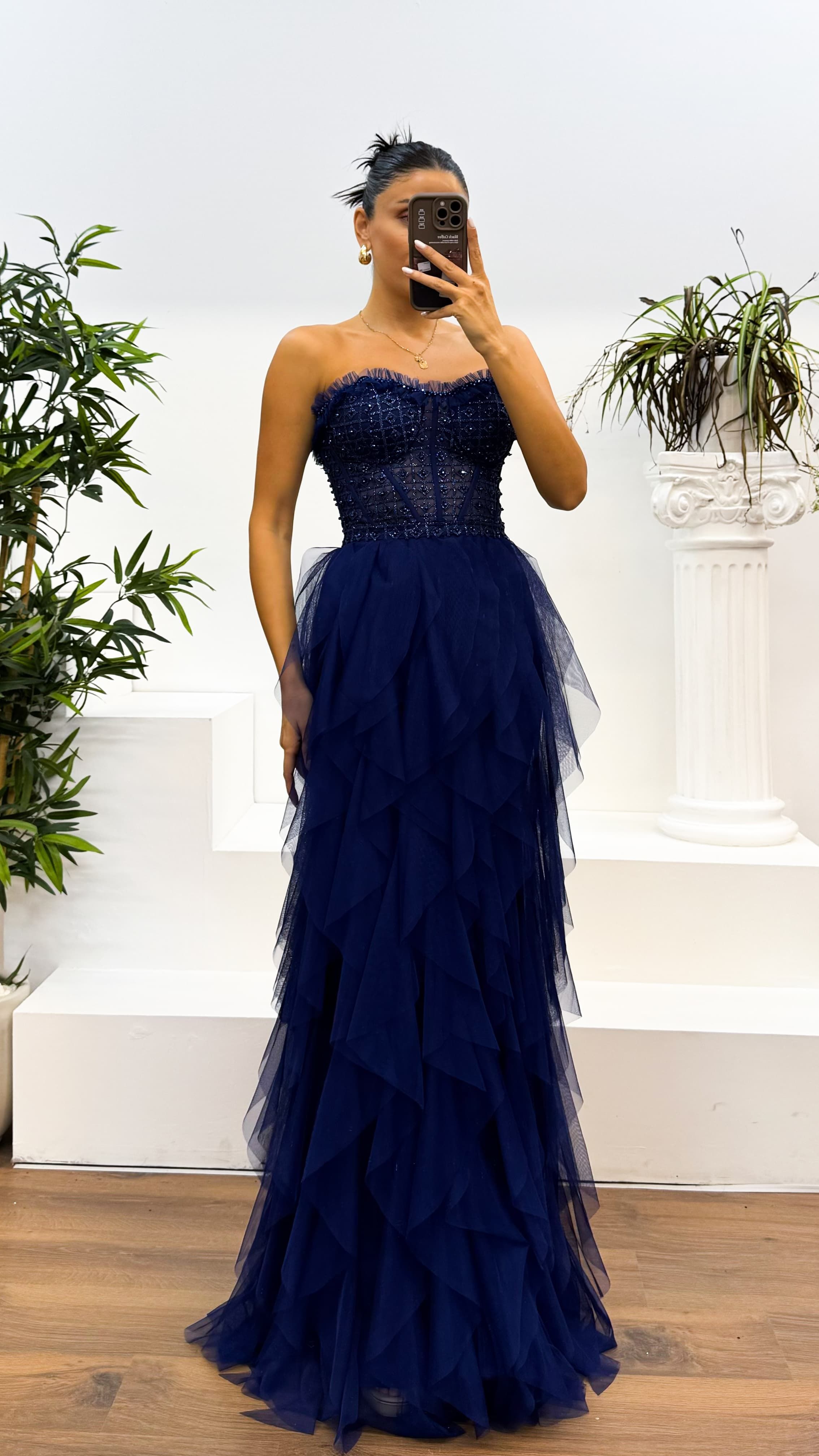 Rope Strap Tulle Evening Dress with Embroidered Ruffle Skirt