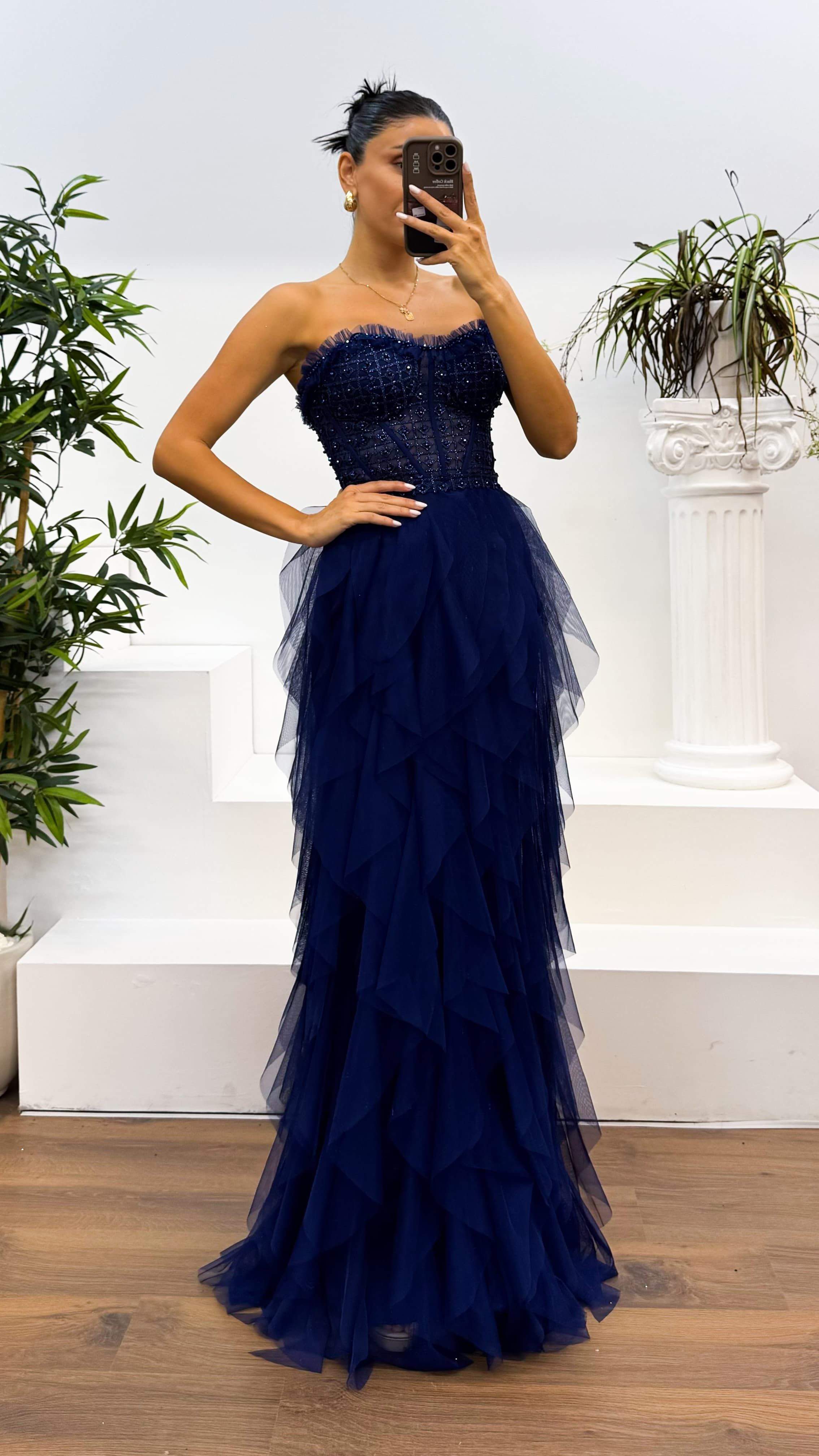 Rope Strap Tulle Evening Dress with Embroidered Ruffle Skirt