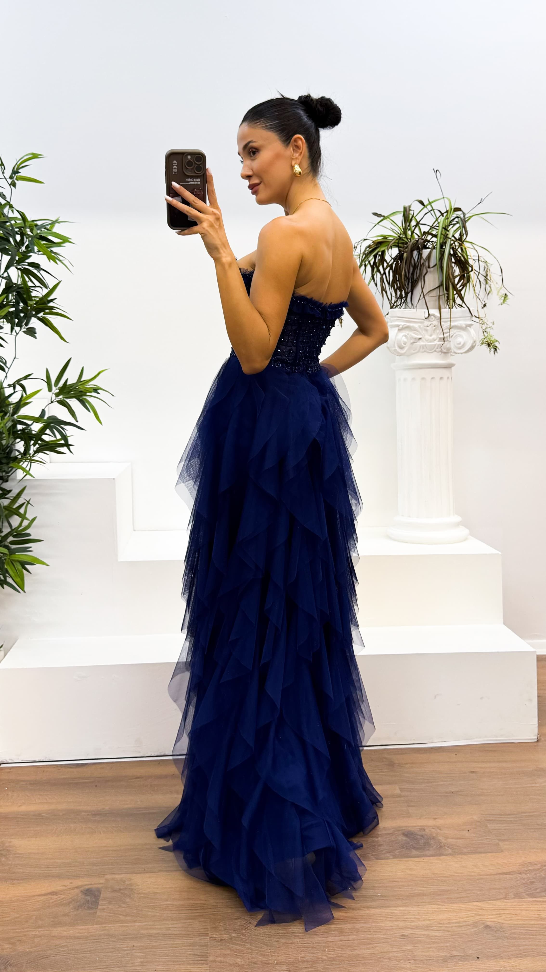 Rope Strap Tulle Evening Dress with Embroidered Ruffle Skirt