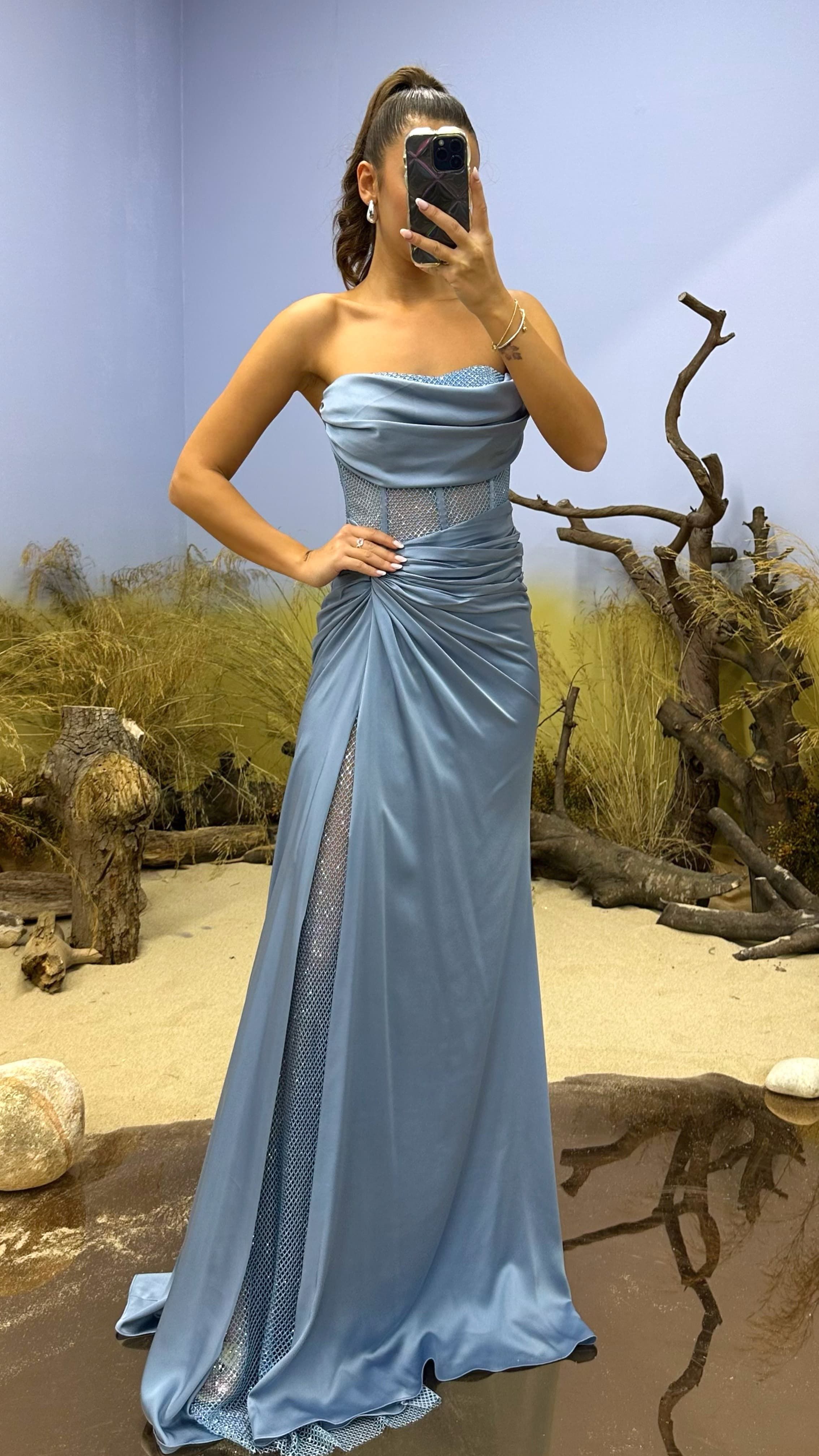 Waist Transparent Draped Design Satin Dress