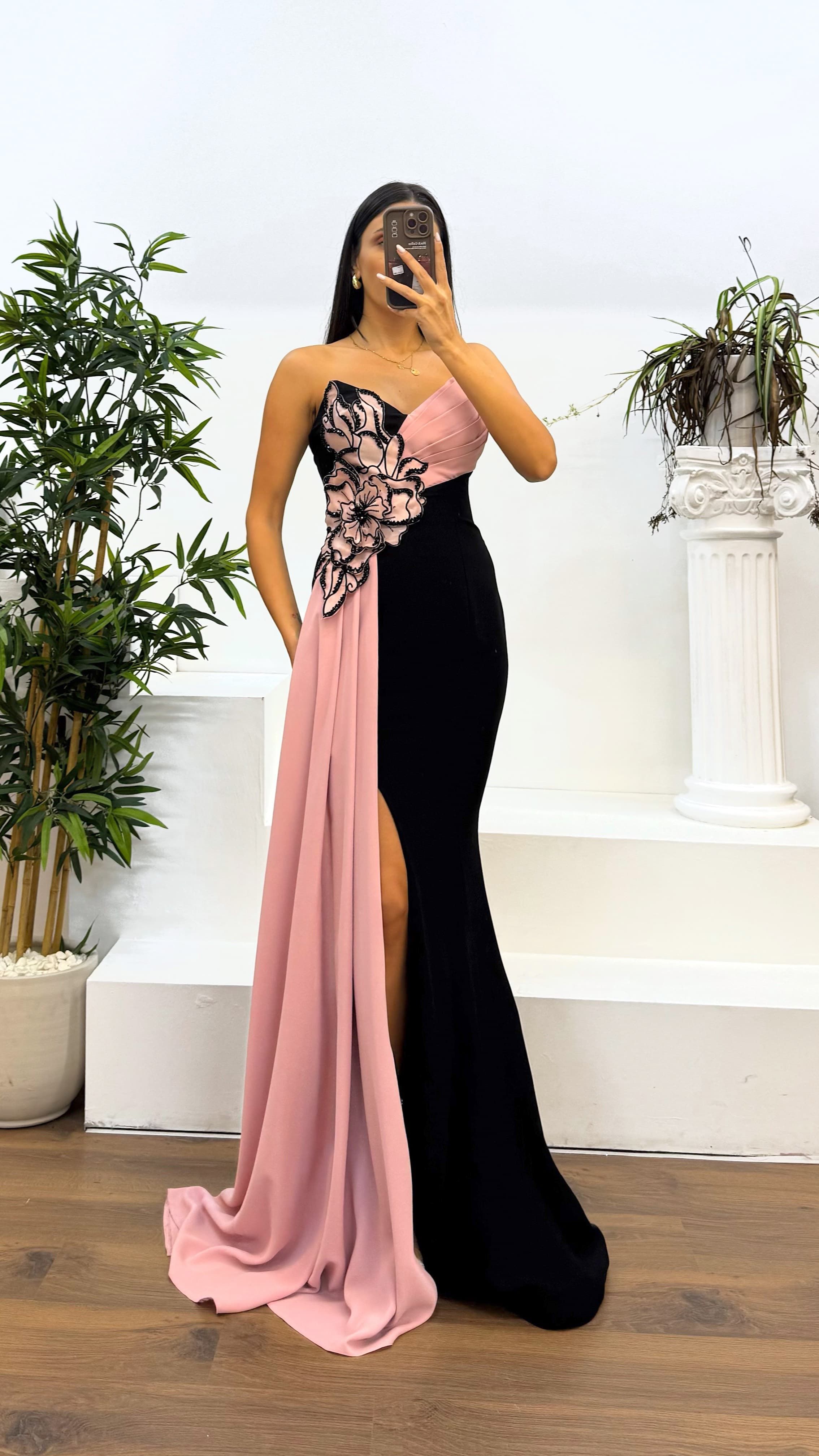 Strapless Floral Detail Evening Dress