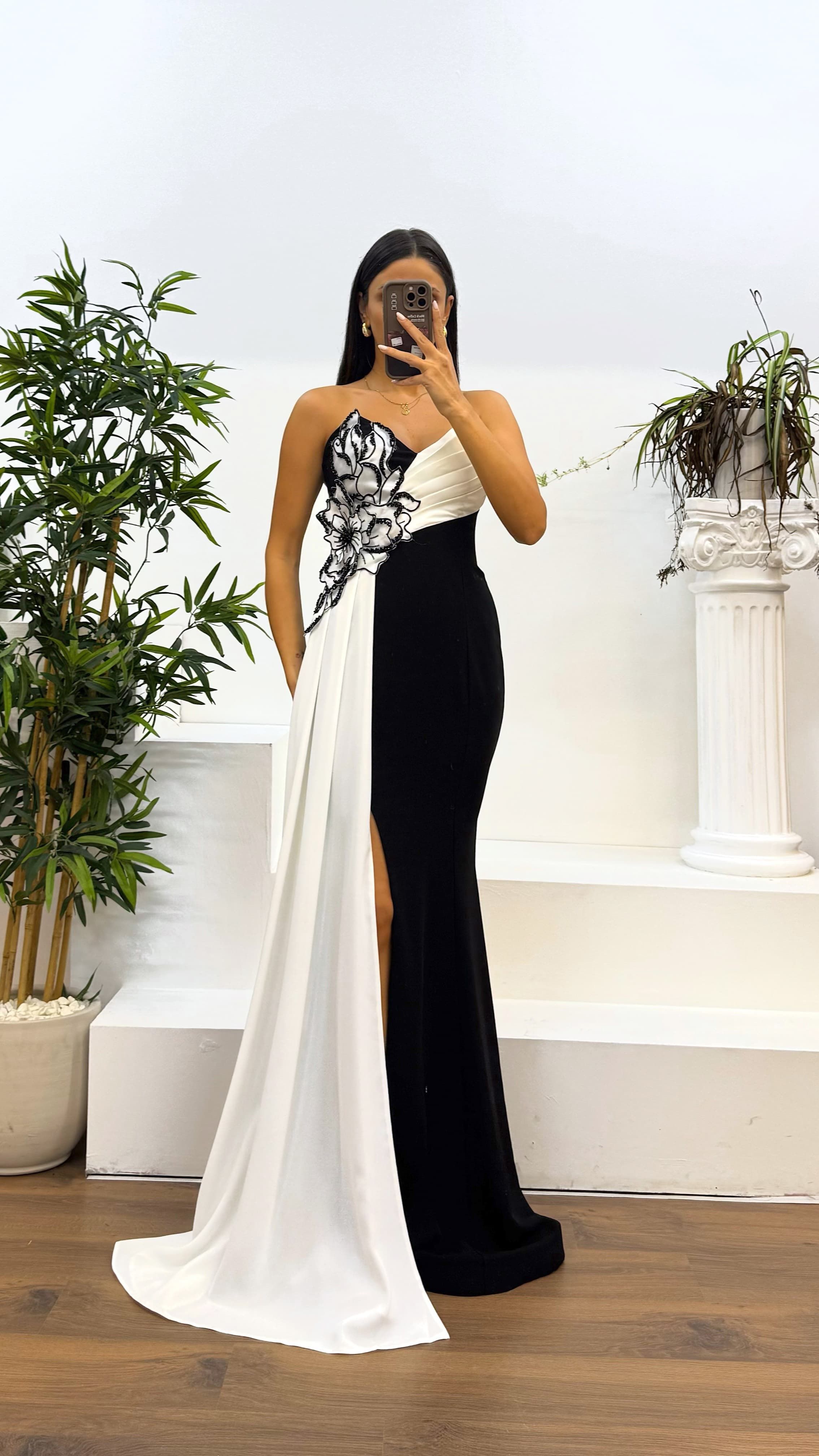 Strapless Floral Detail Evening Dress
