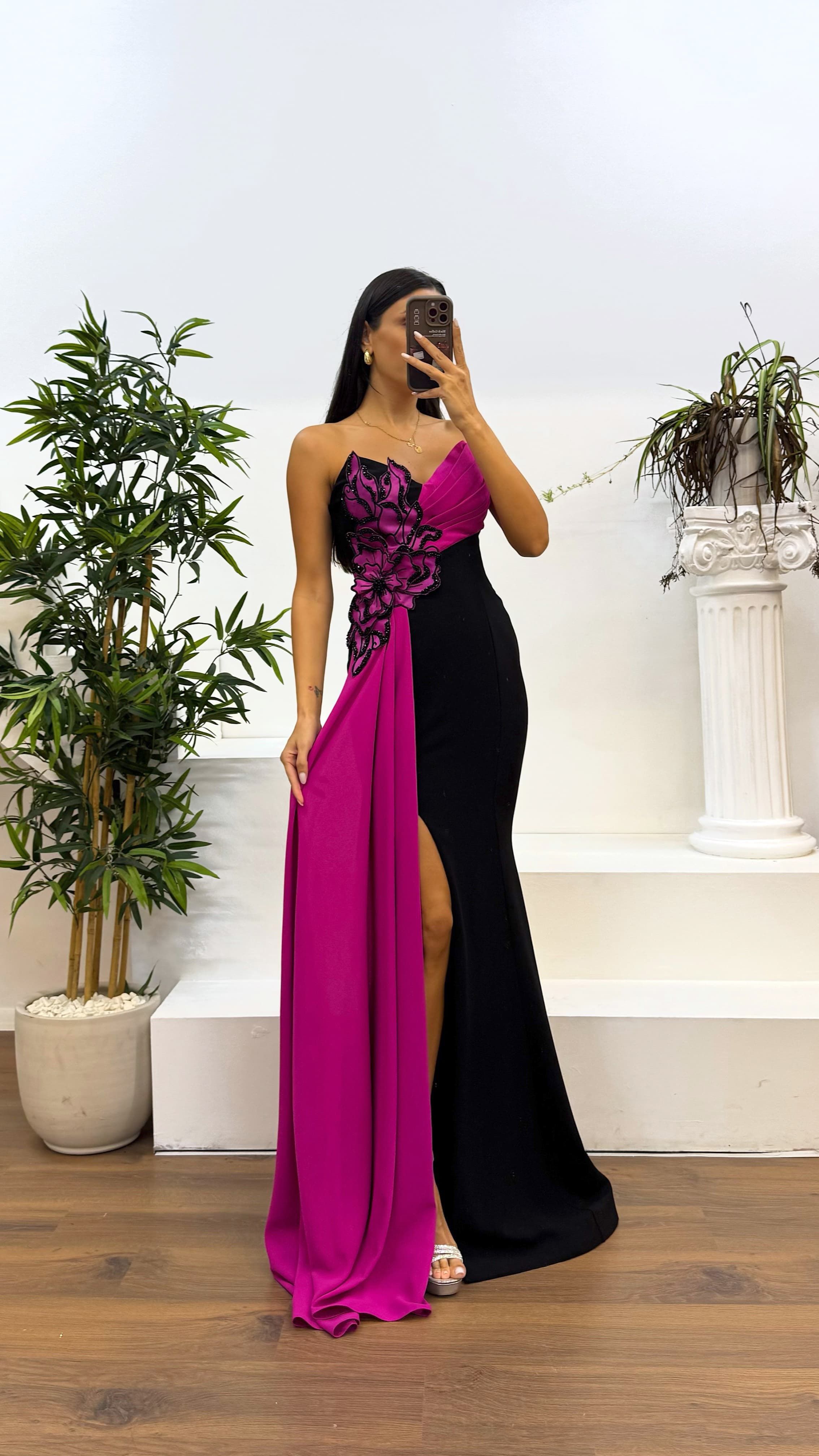 Strapless Floral Detail Evening Dress