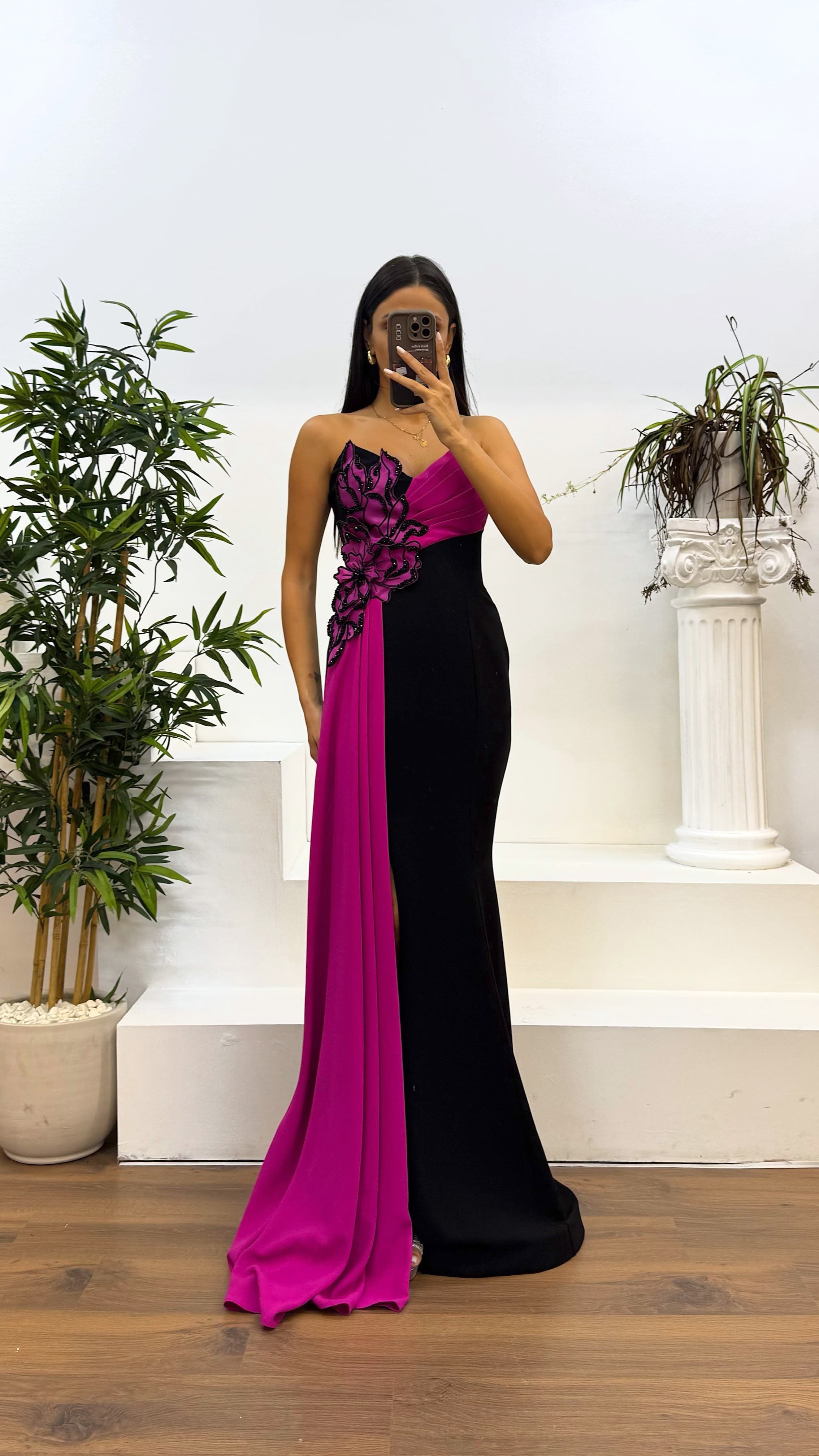 Strapless Floral Detail Evening Dress