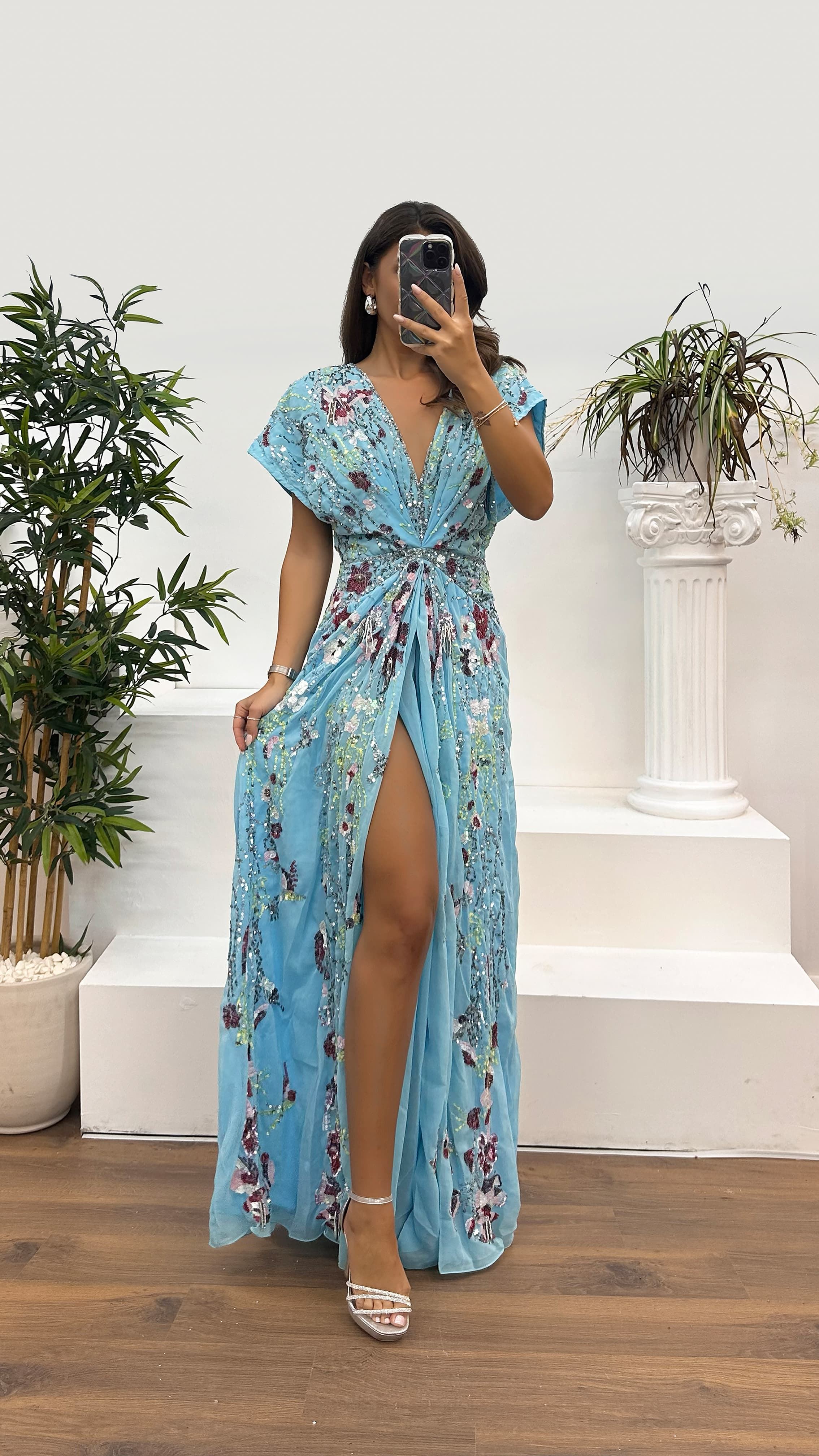 Turquoise V-Neck Patterned Special Design Dress