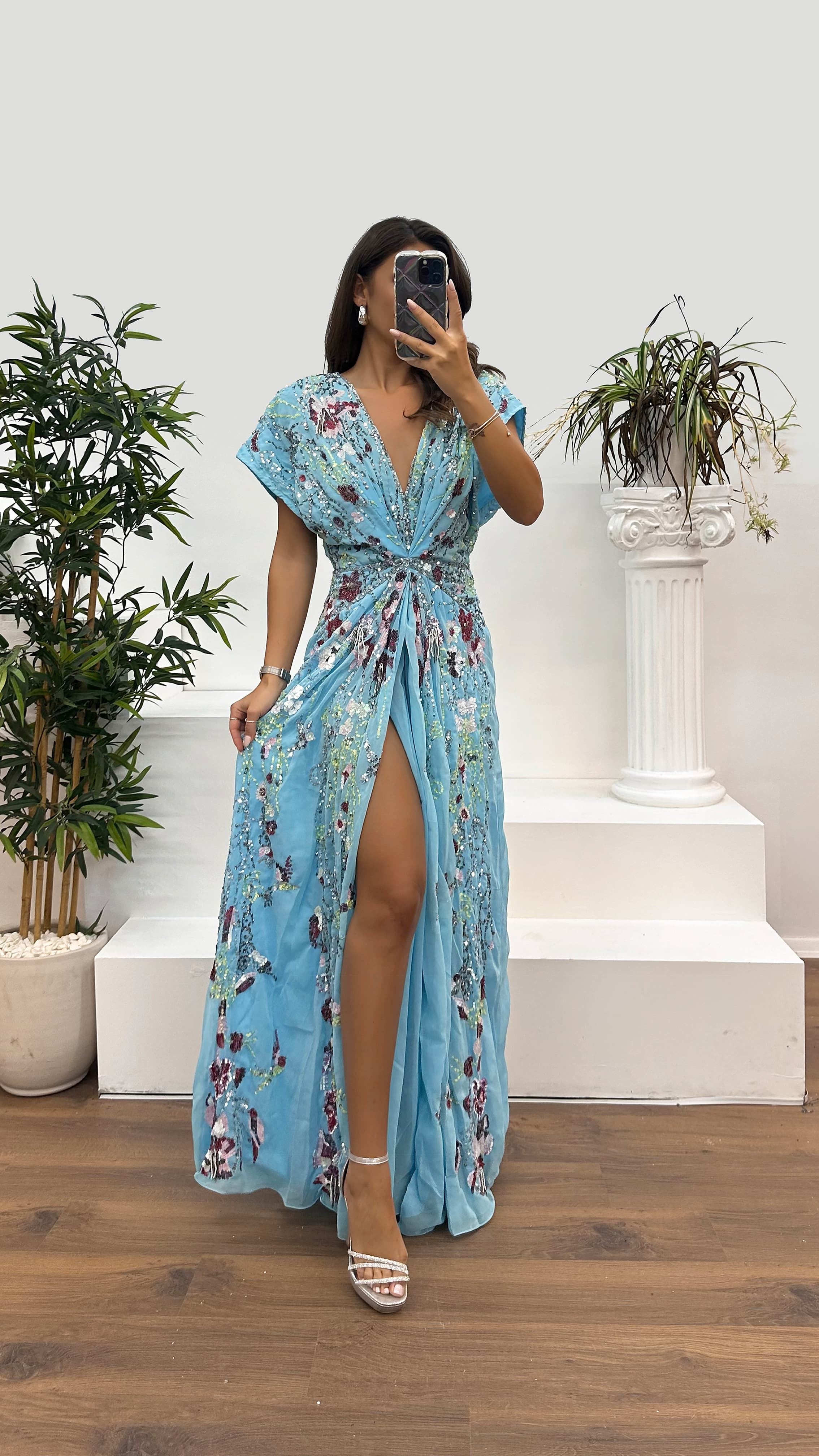 Turquoise V-Neck Patterned Special Design Dress