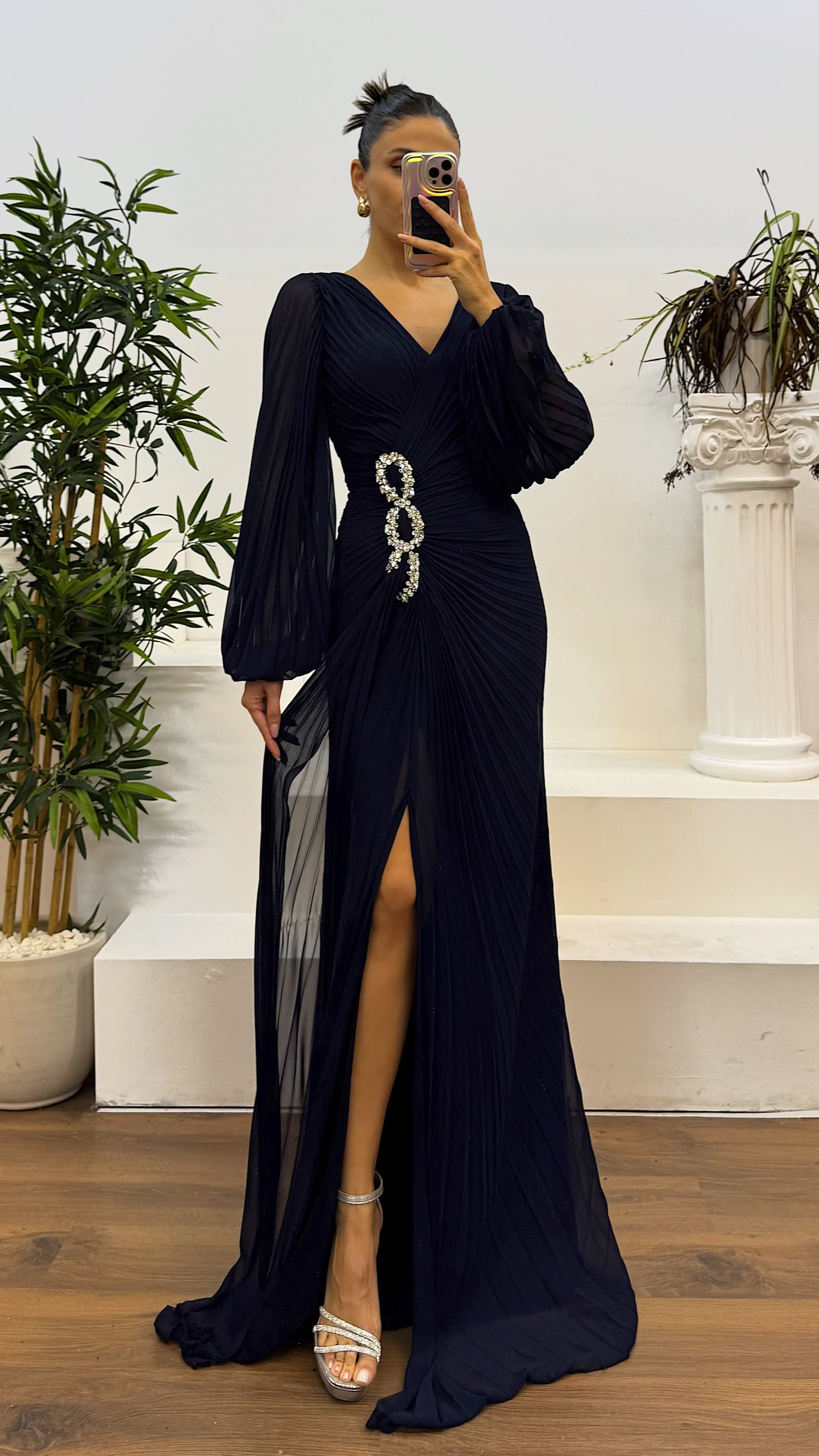 Waist Embroidered Pleated Evening Dress