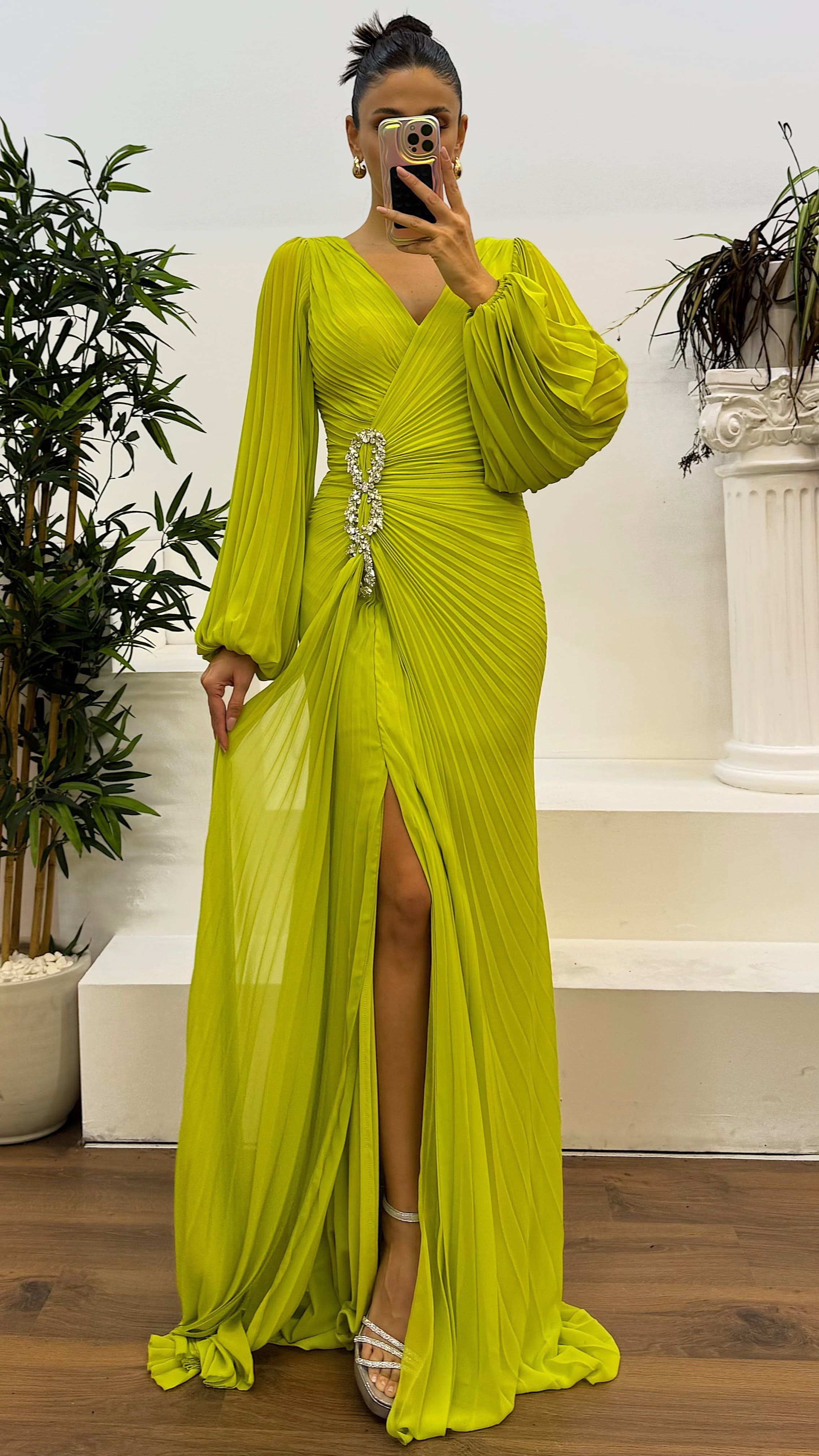 Waist Embroidered Pleated Evening Dress