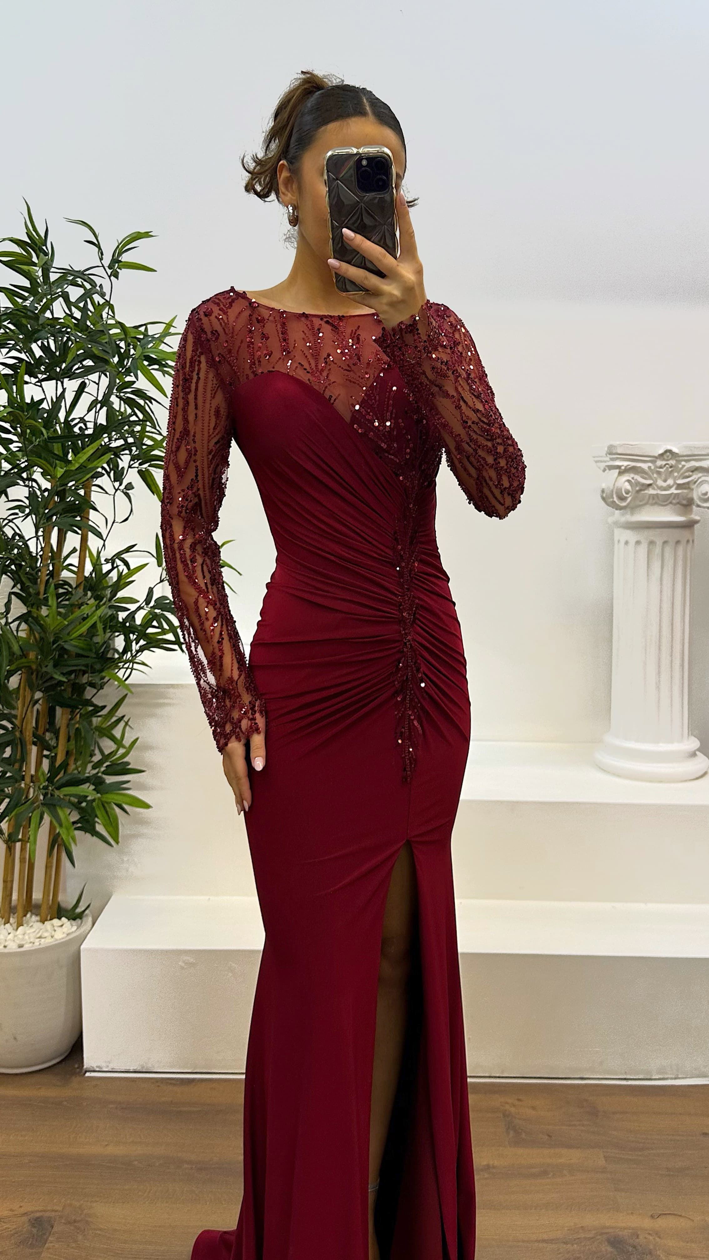 Embroidered Drape Detail Evening Dress