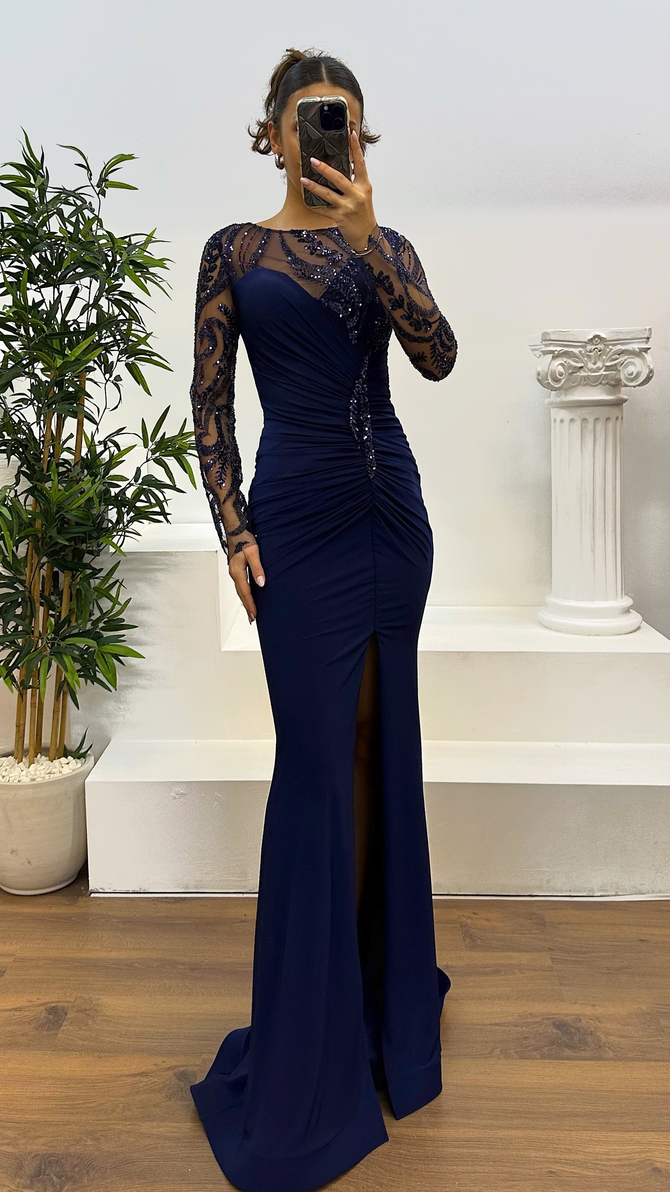 Embroidered Drape Detail Evening Dress