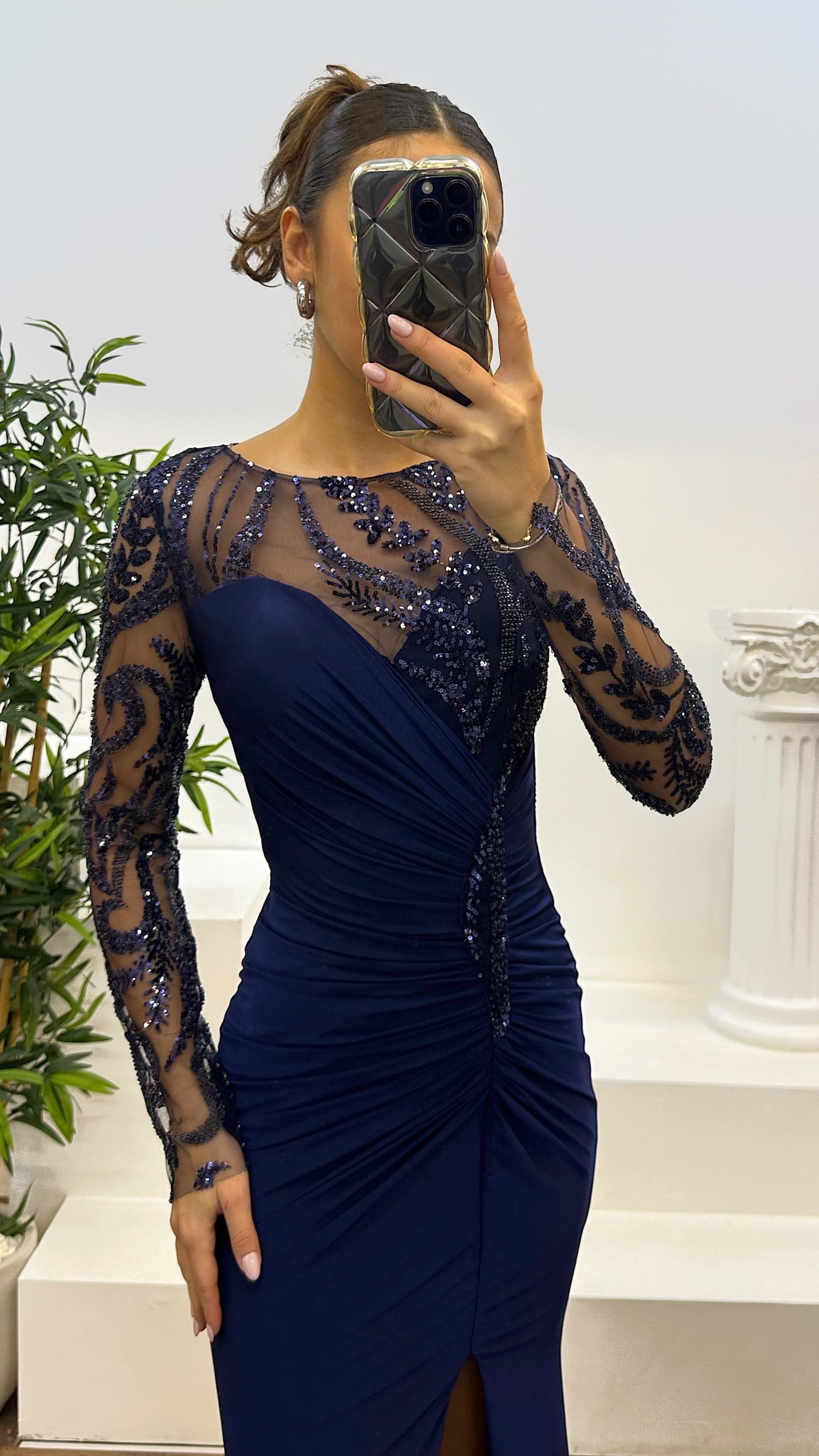 Embroidered Drape Detail Evening Dress