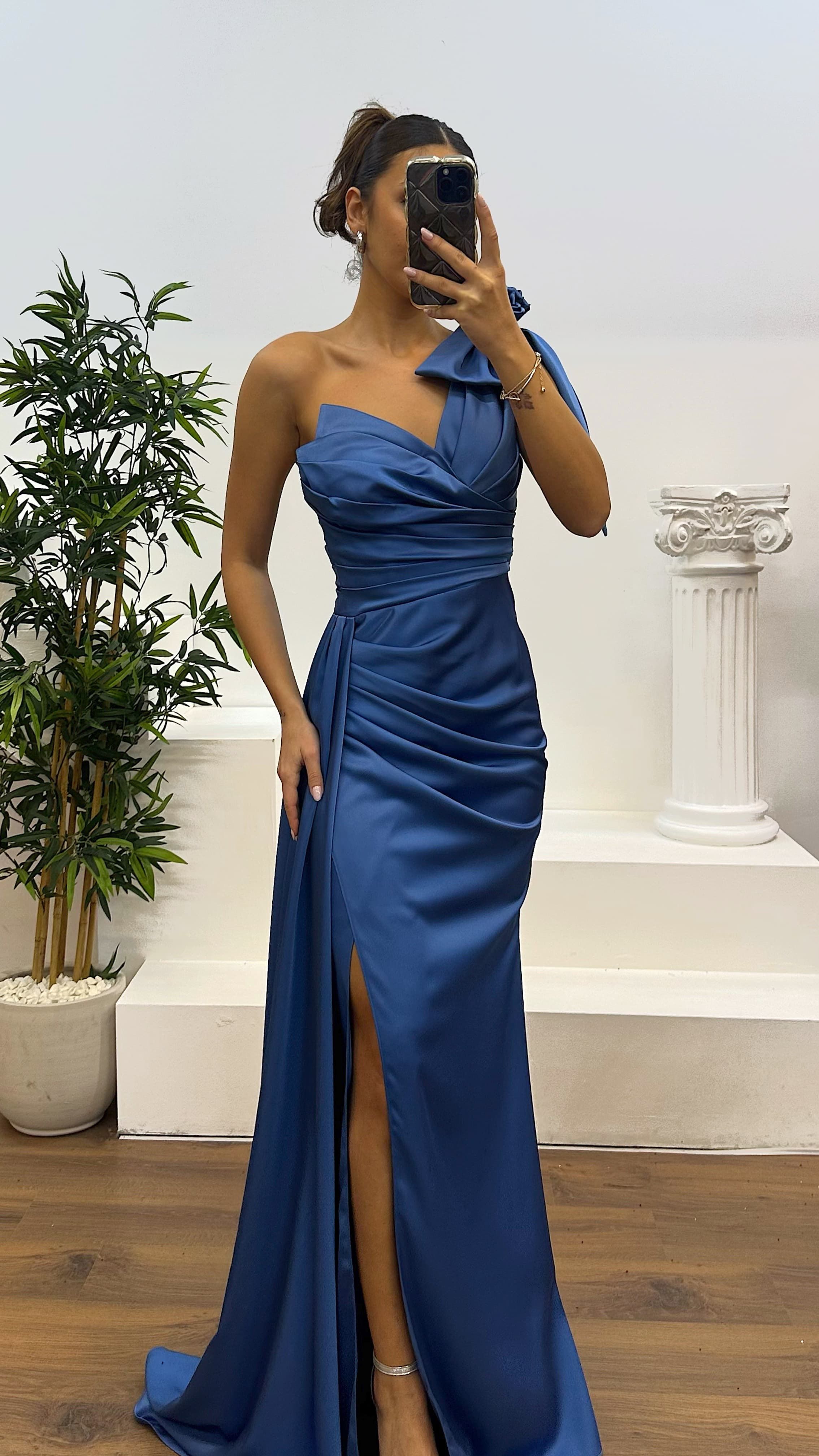 One Shoulder Floral Detail Satin Evening Dress
