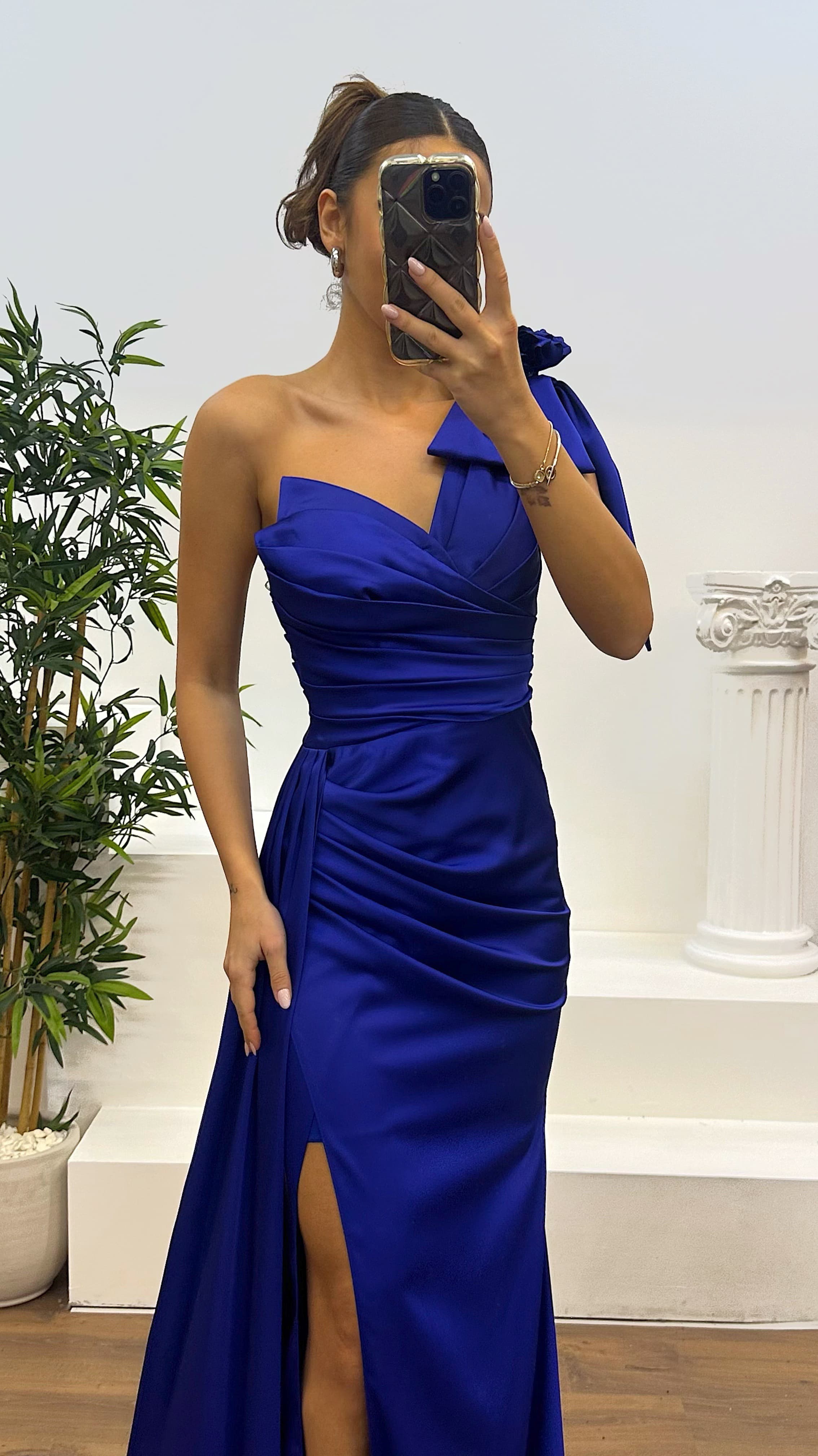 One Shoulder Floral Detail Satin Evening Dress