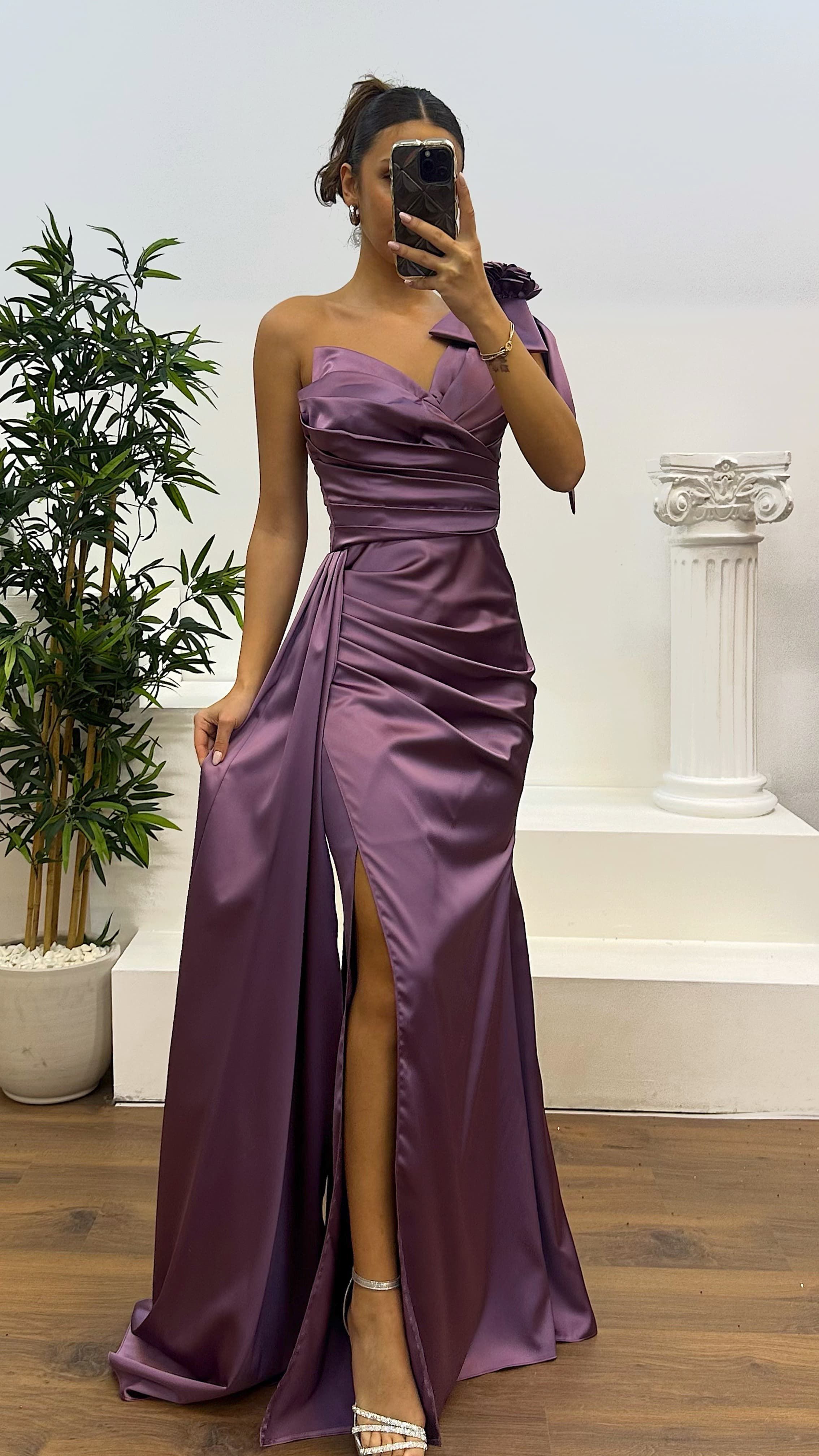 One Shoulder Floral Detail Satin Evening Dress