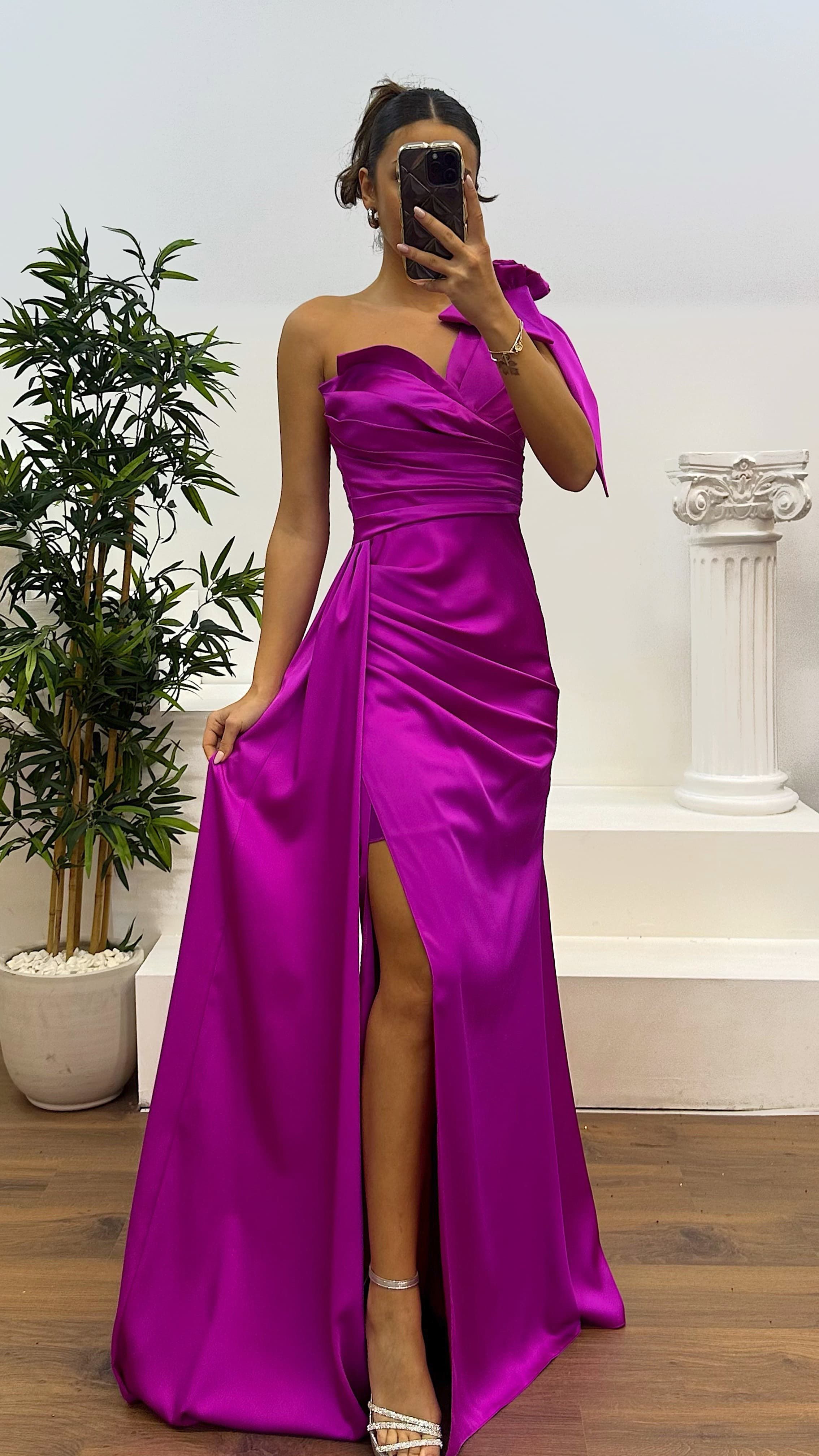 One Shoulder Floral Detail Satin Evening Dress