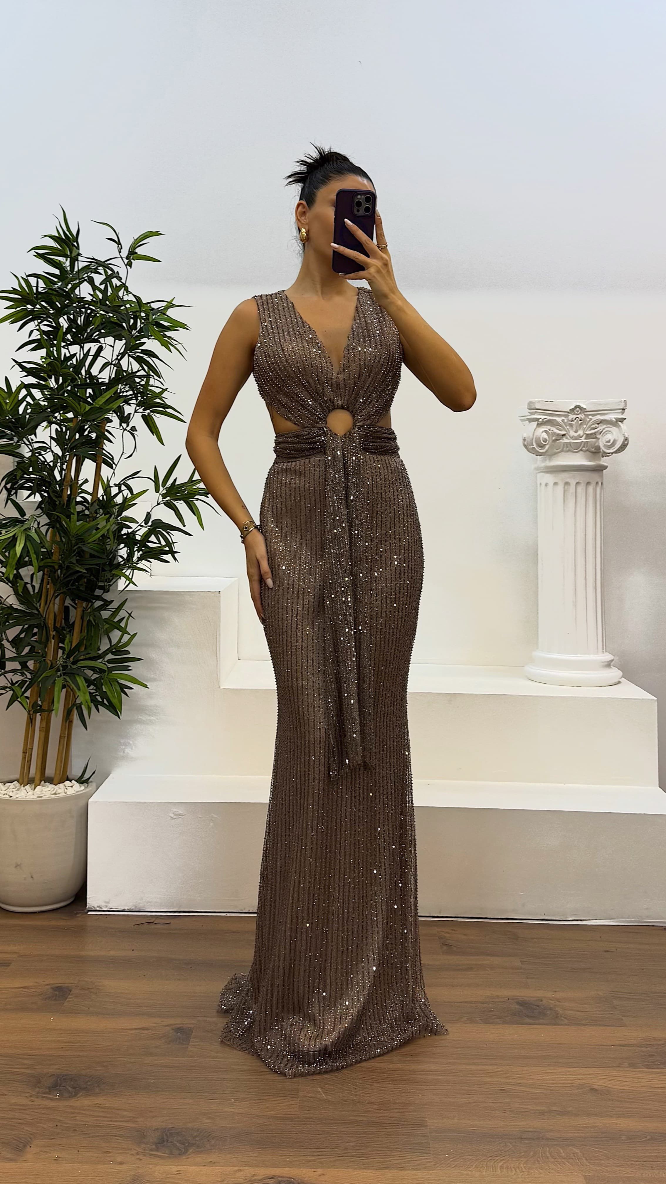 Mink Back and Waist Detail Evening Dress with Embroidered Evening Dress