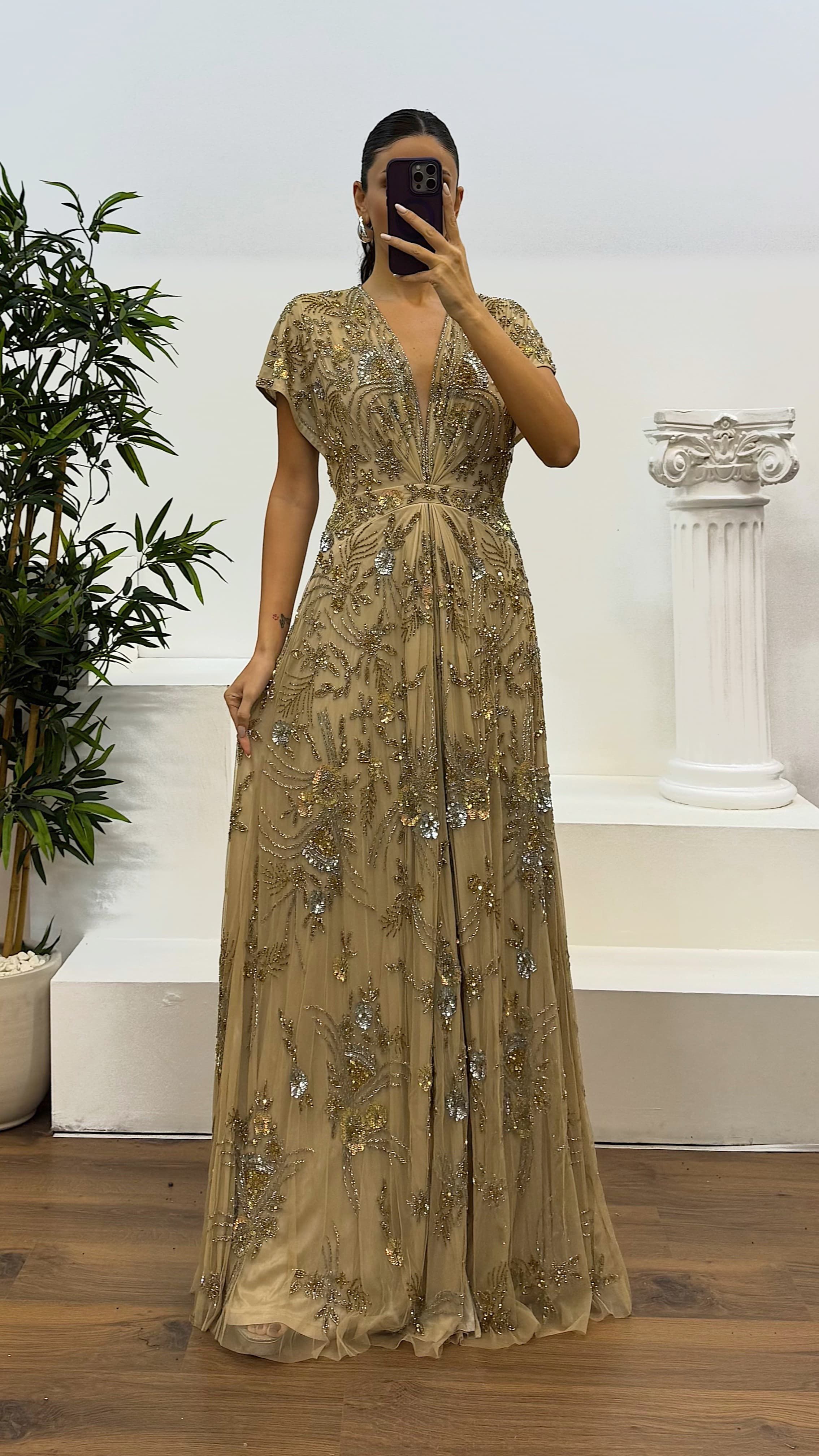 Back Detail Hand Embroidered Design Evening Dress