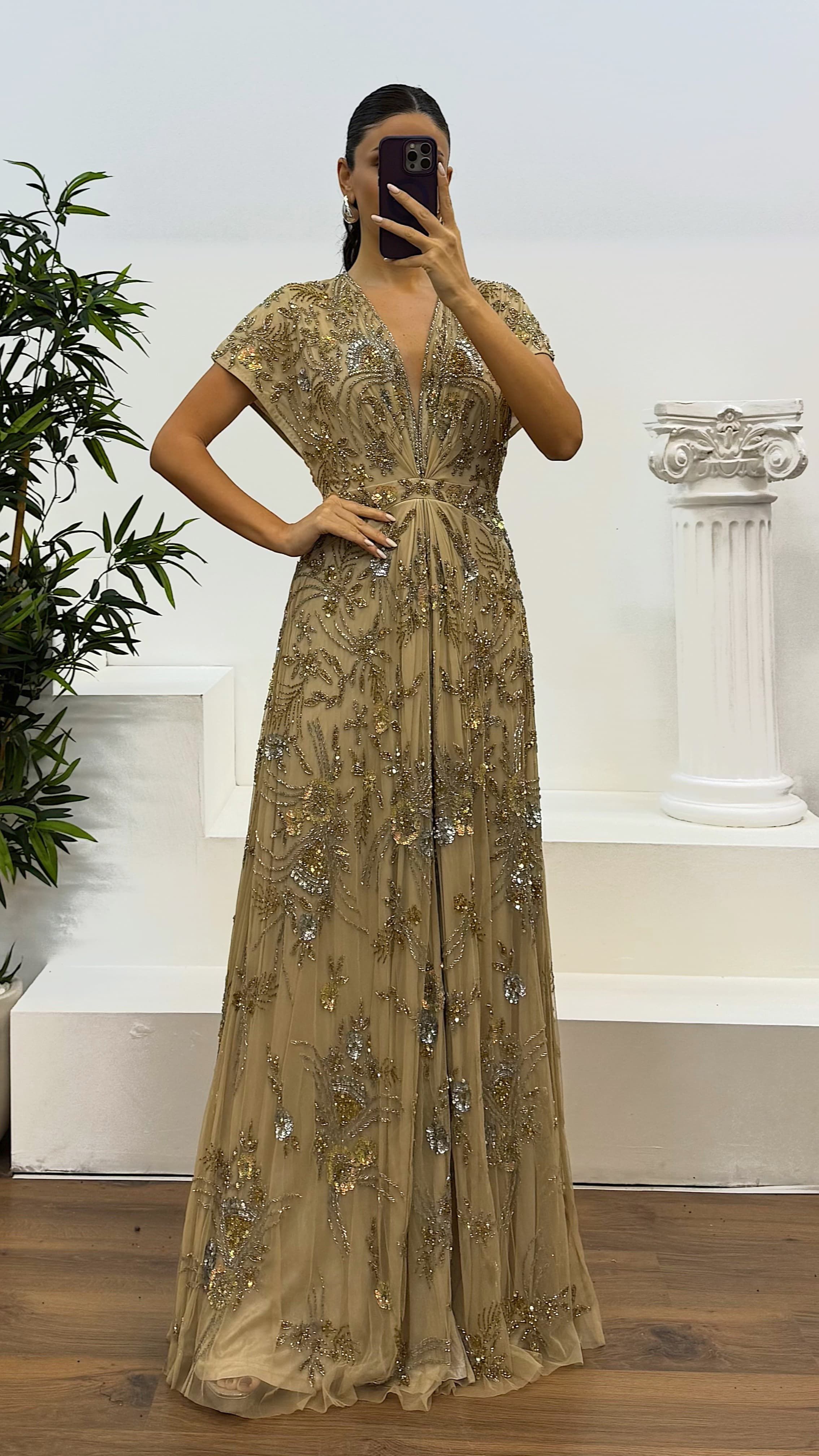 Back Detail Hand Embroidered Design Evening Dress
