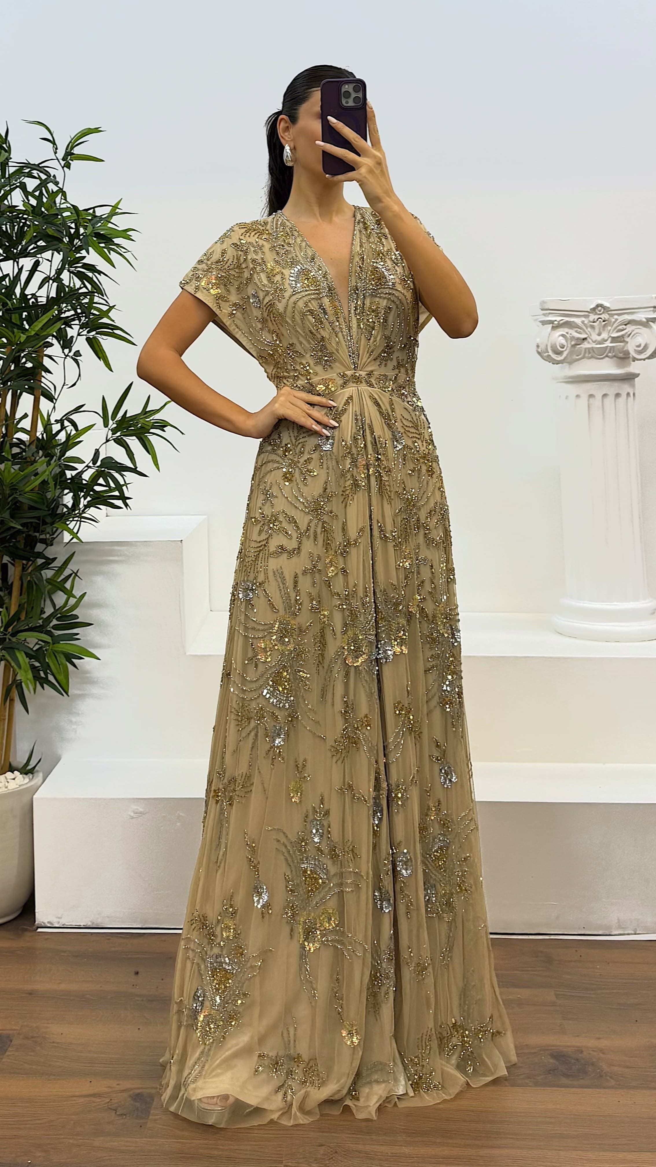 Back Detail Hand Embroidered Design Evening Dress