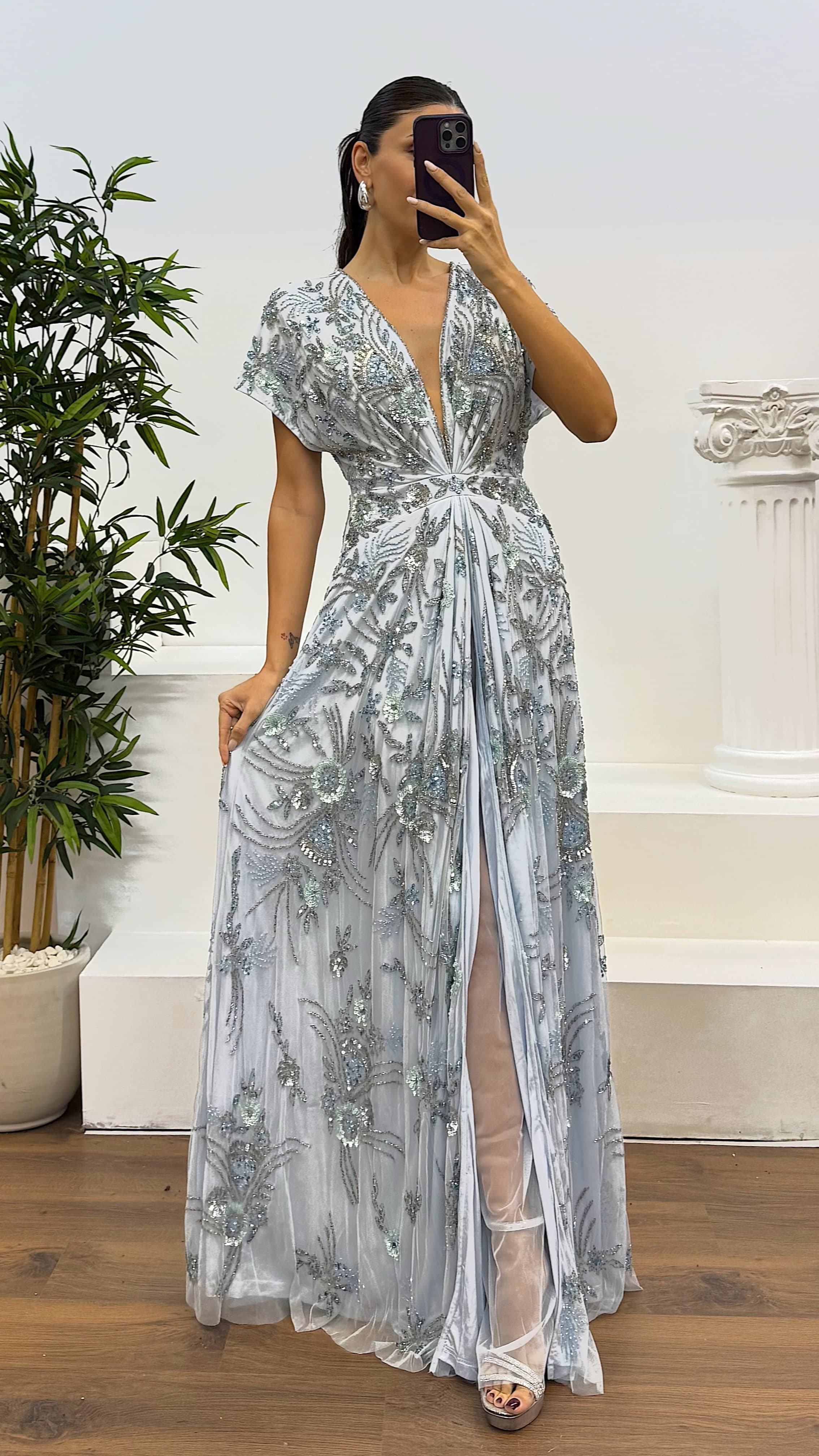 Back Detail Hand Embroidered Design Evening Dress
