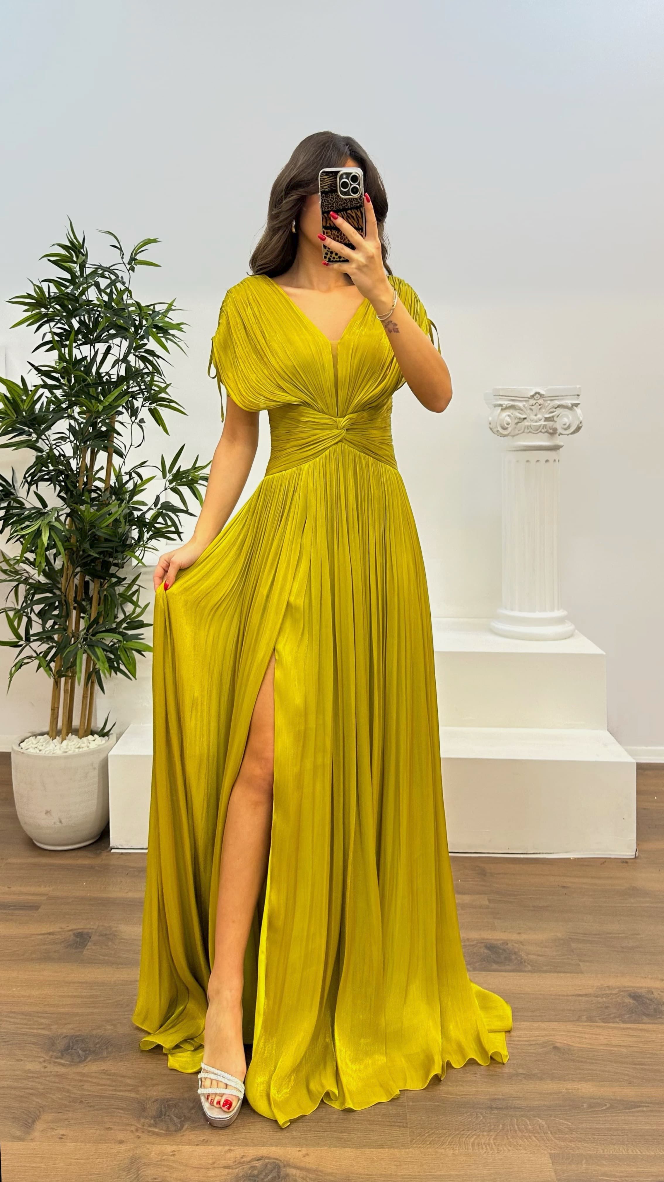 V-Neck Pleated Evening Dress