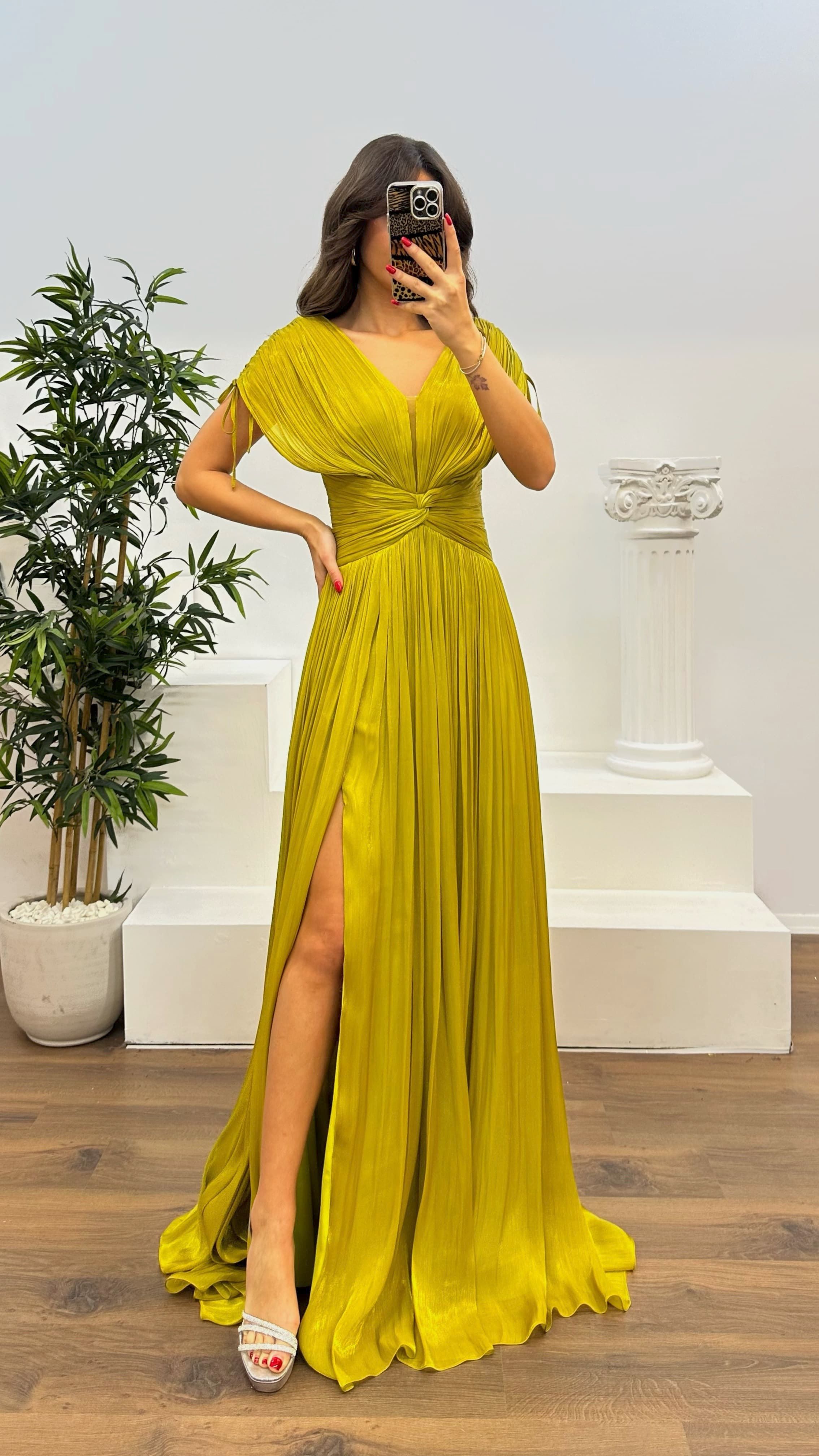 V-Neck Pleated Evening Dress