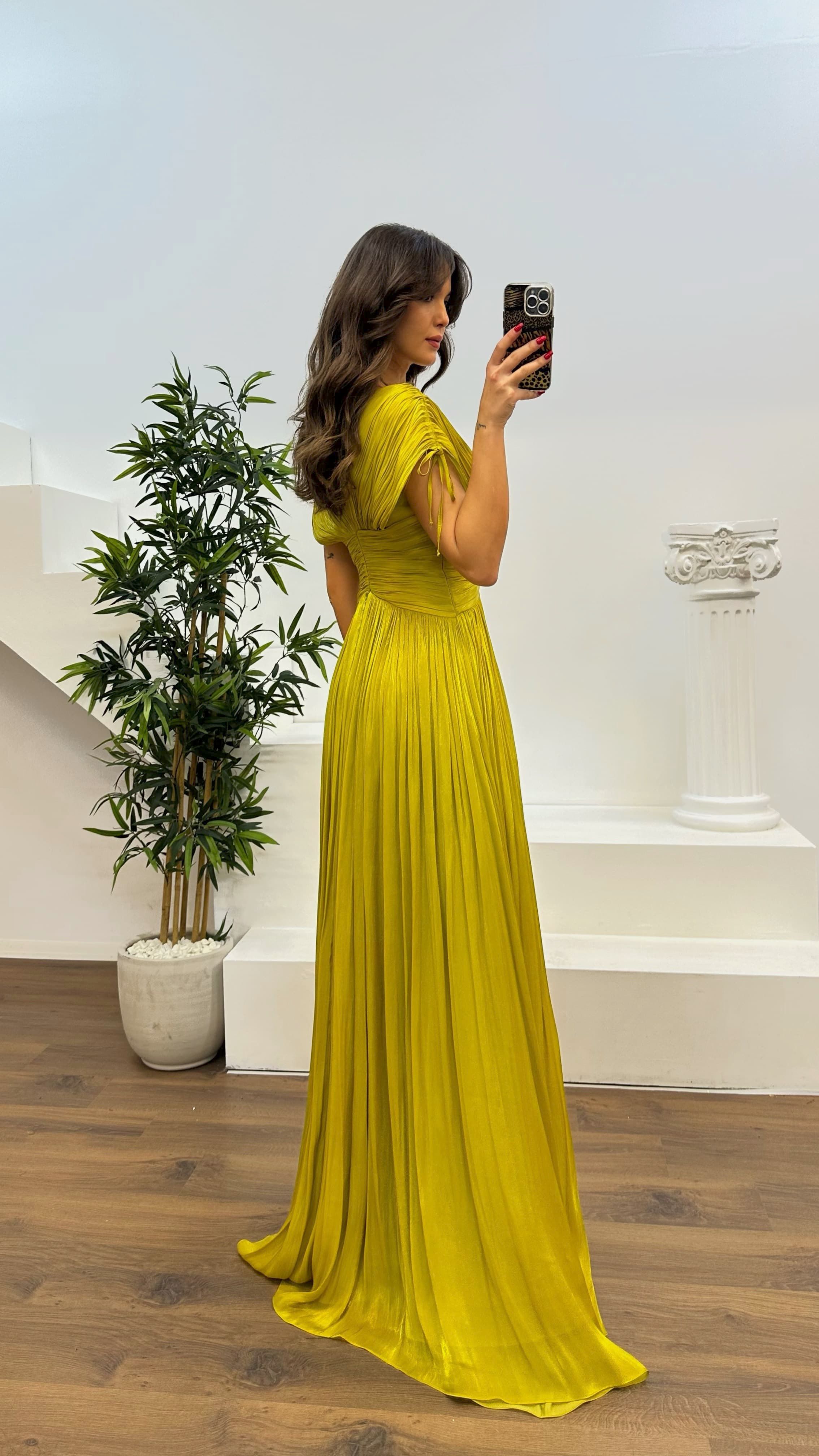 V-Neck Pleated Evening Dress