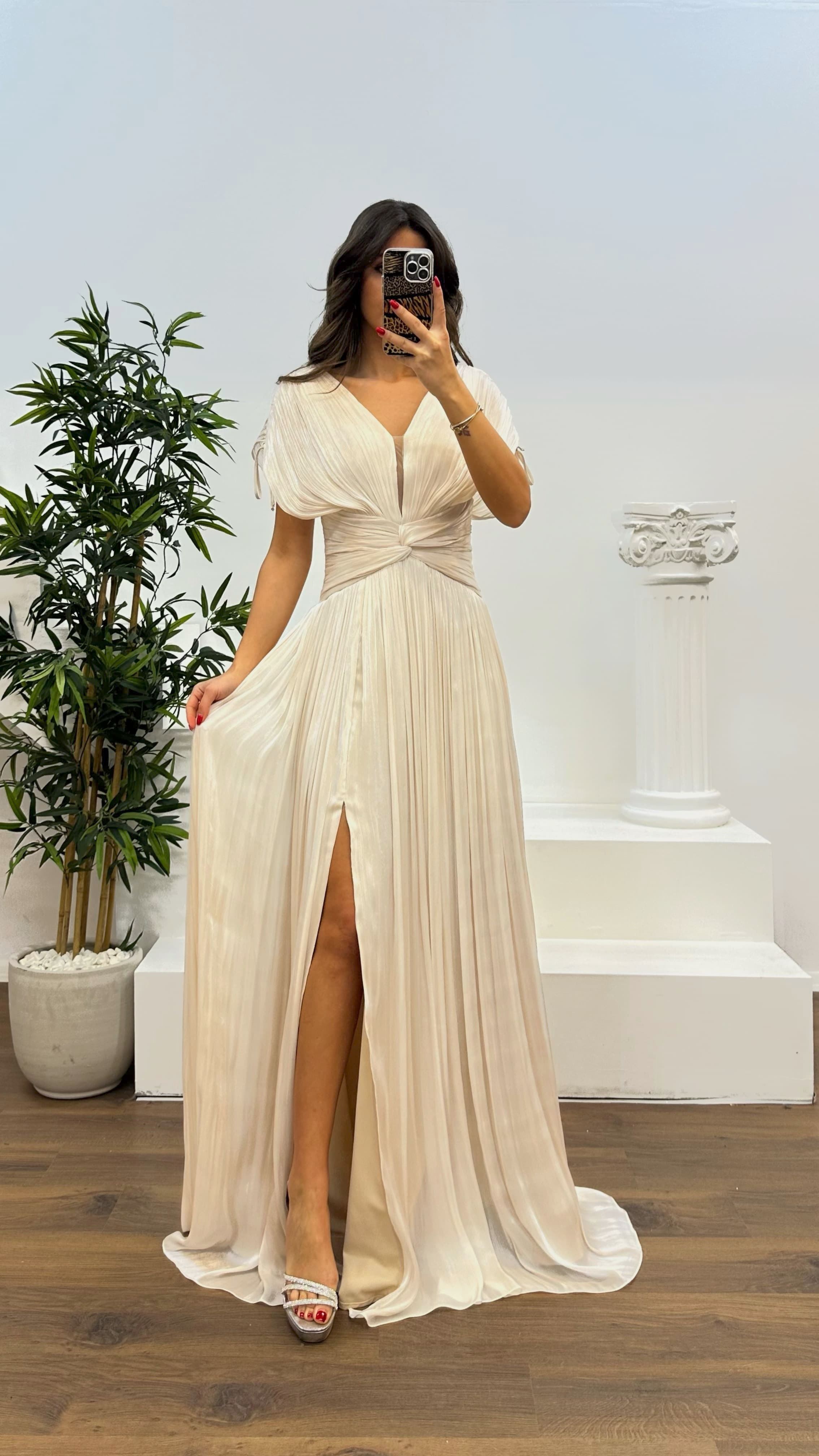 V-Neck Pleated Evening Dress