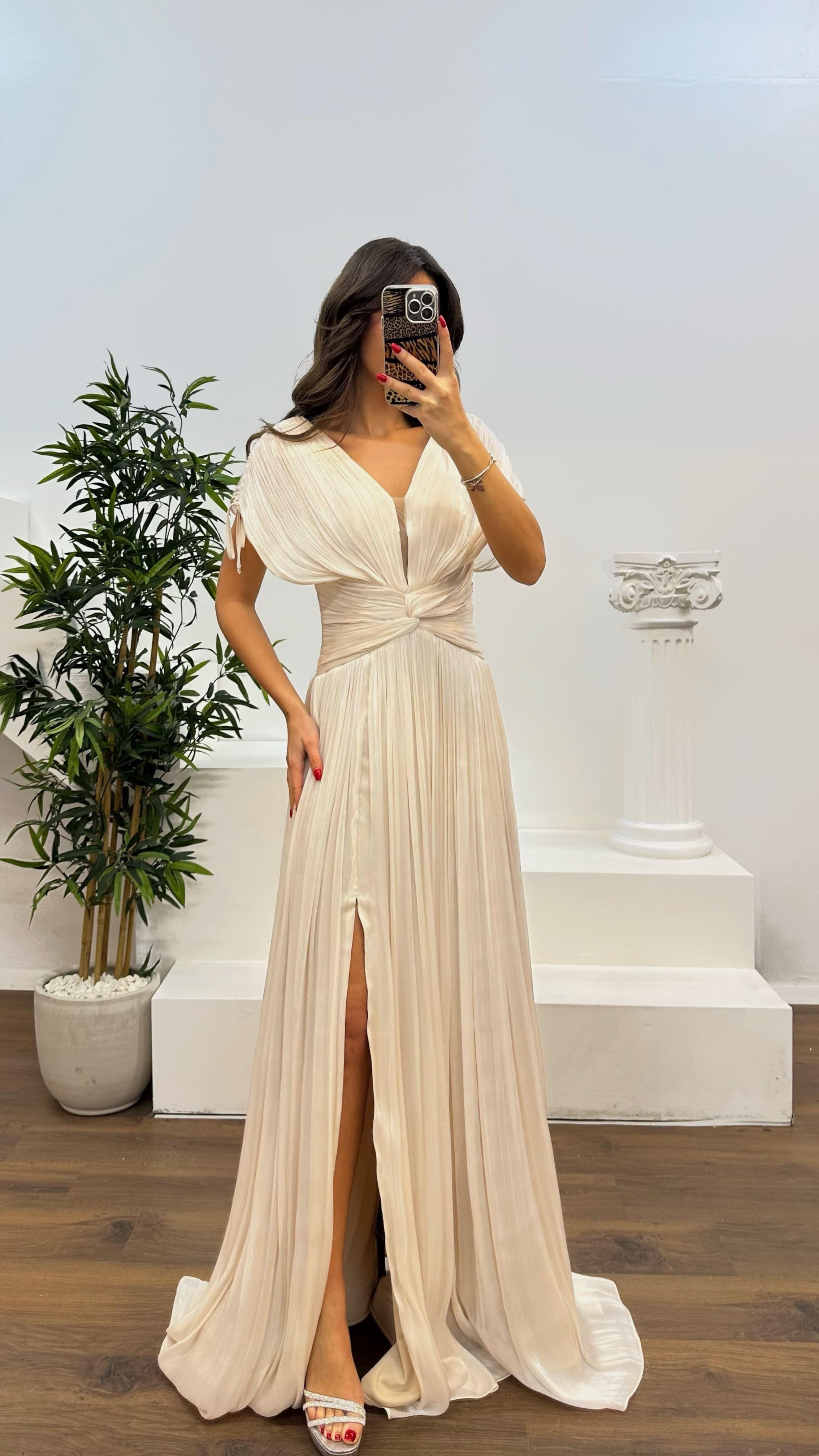 V-Neck Pleated Evening Dress