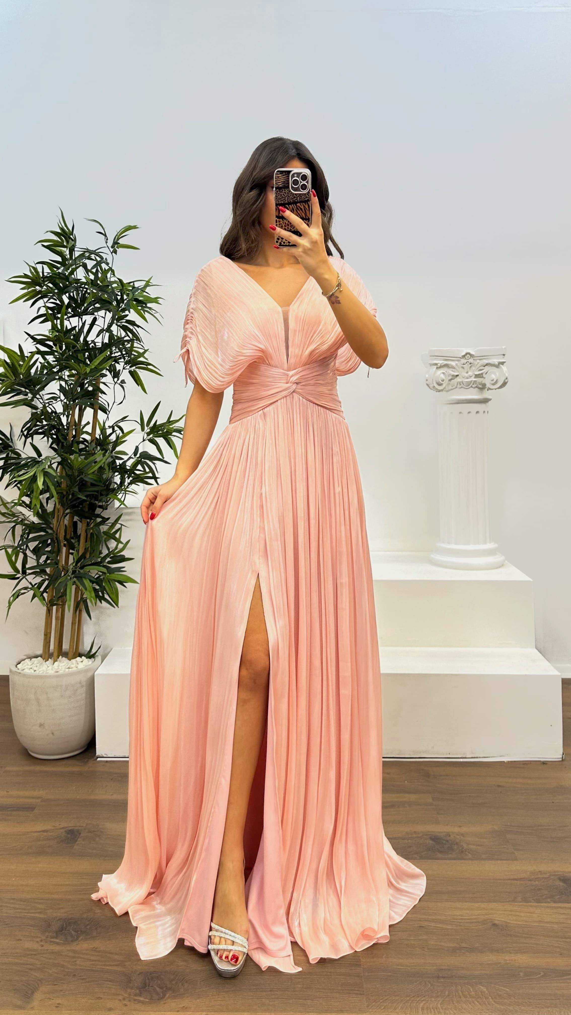 V-Neck Pleated Evening Dress