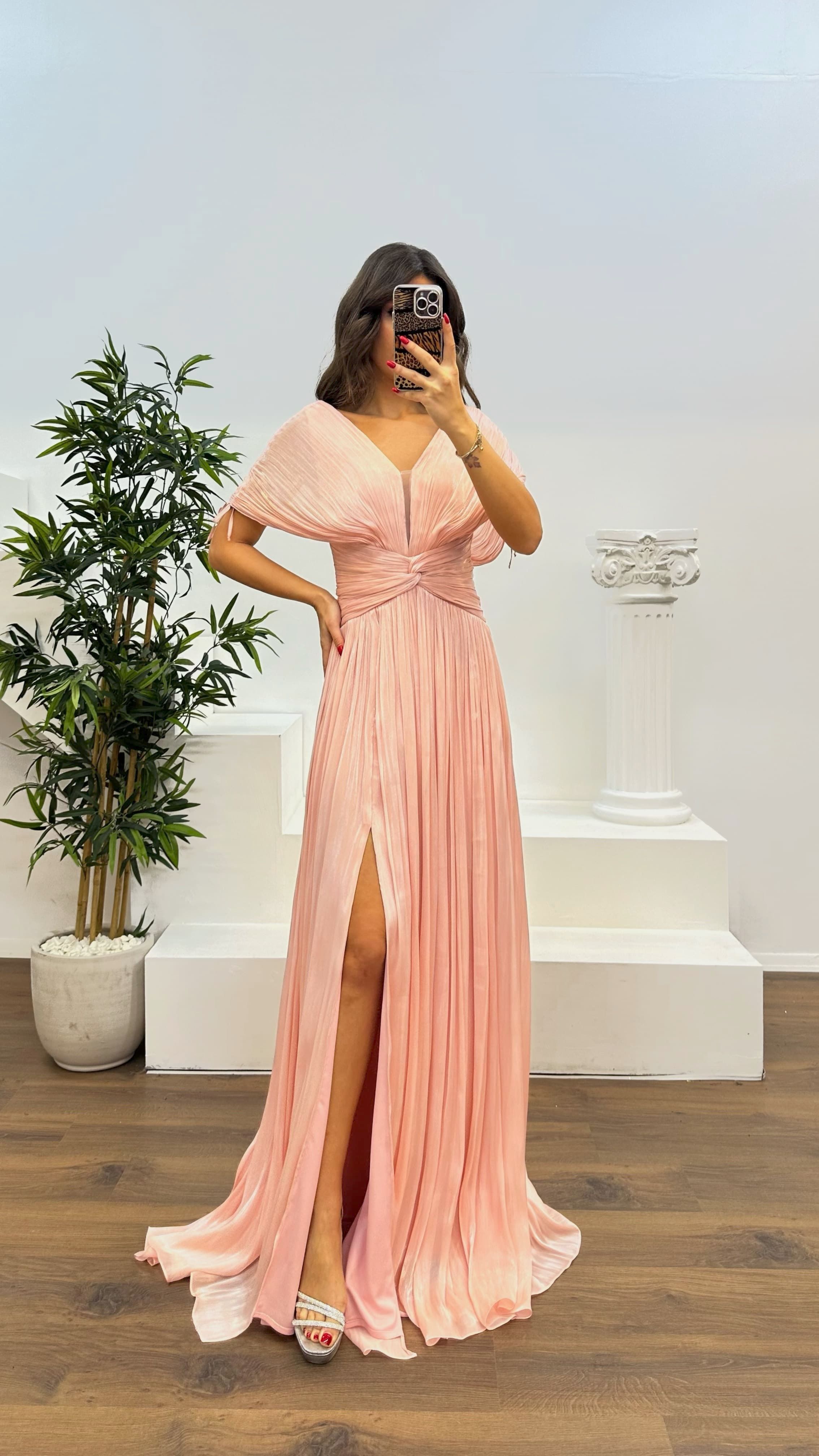 V-Neck Pleated Evening Dress