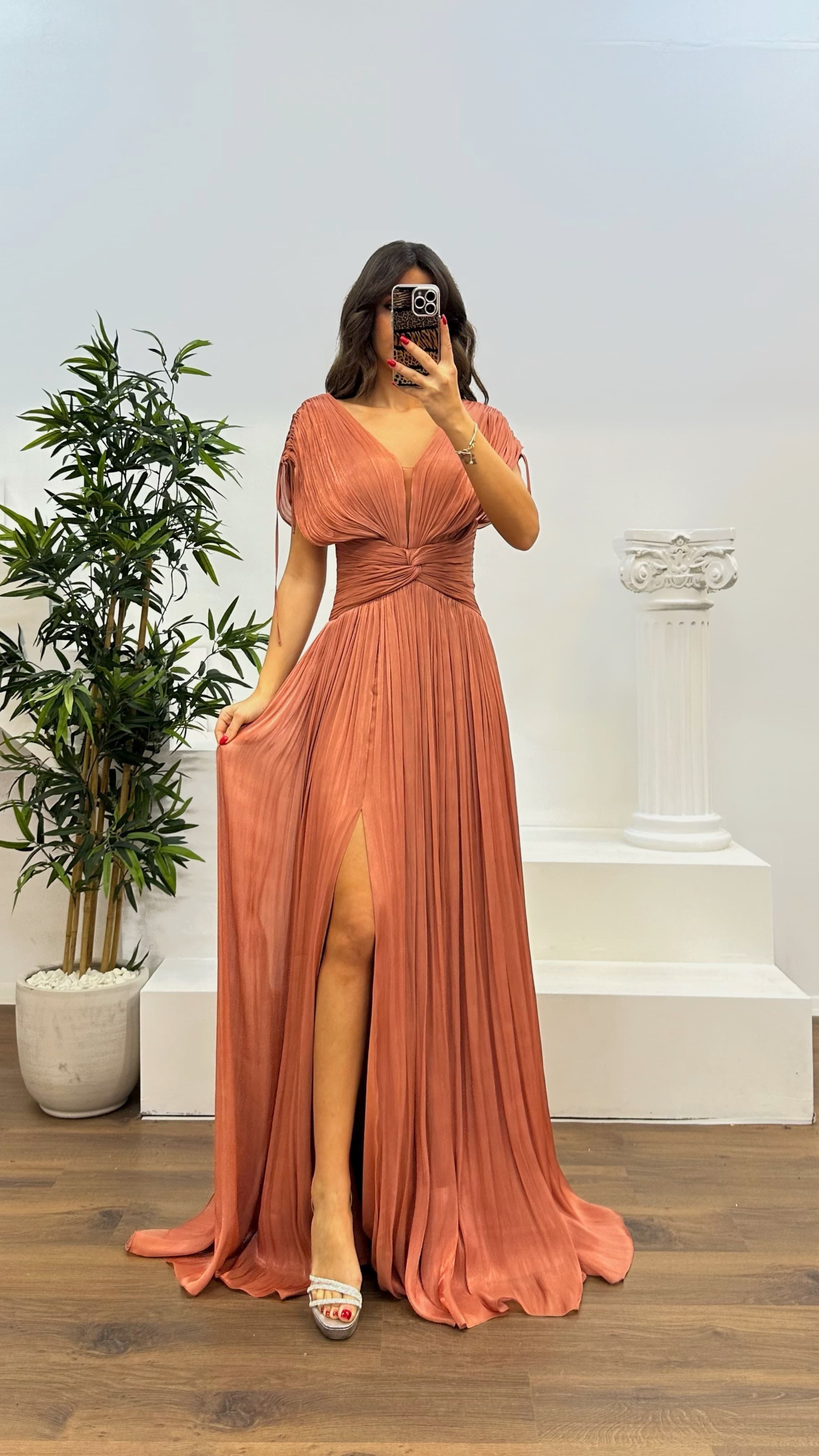 V-Neck Pleated Evening Dress