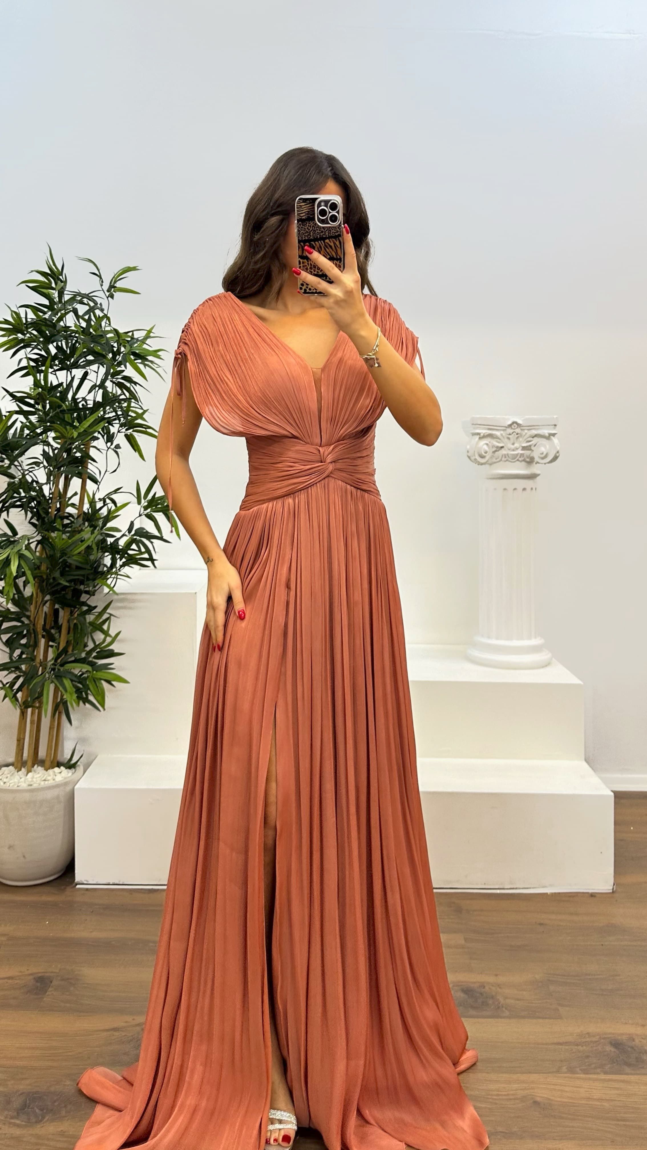 V-Neck Pleated Evening Dress