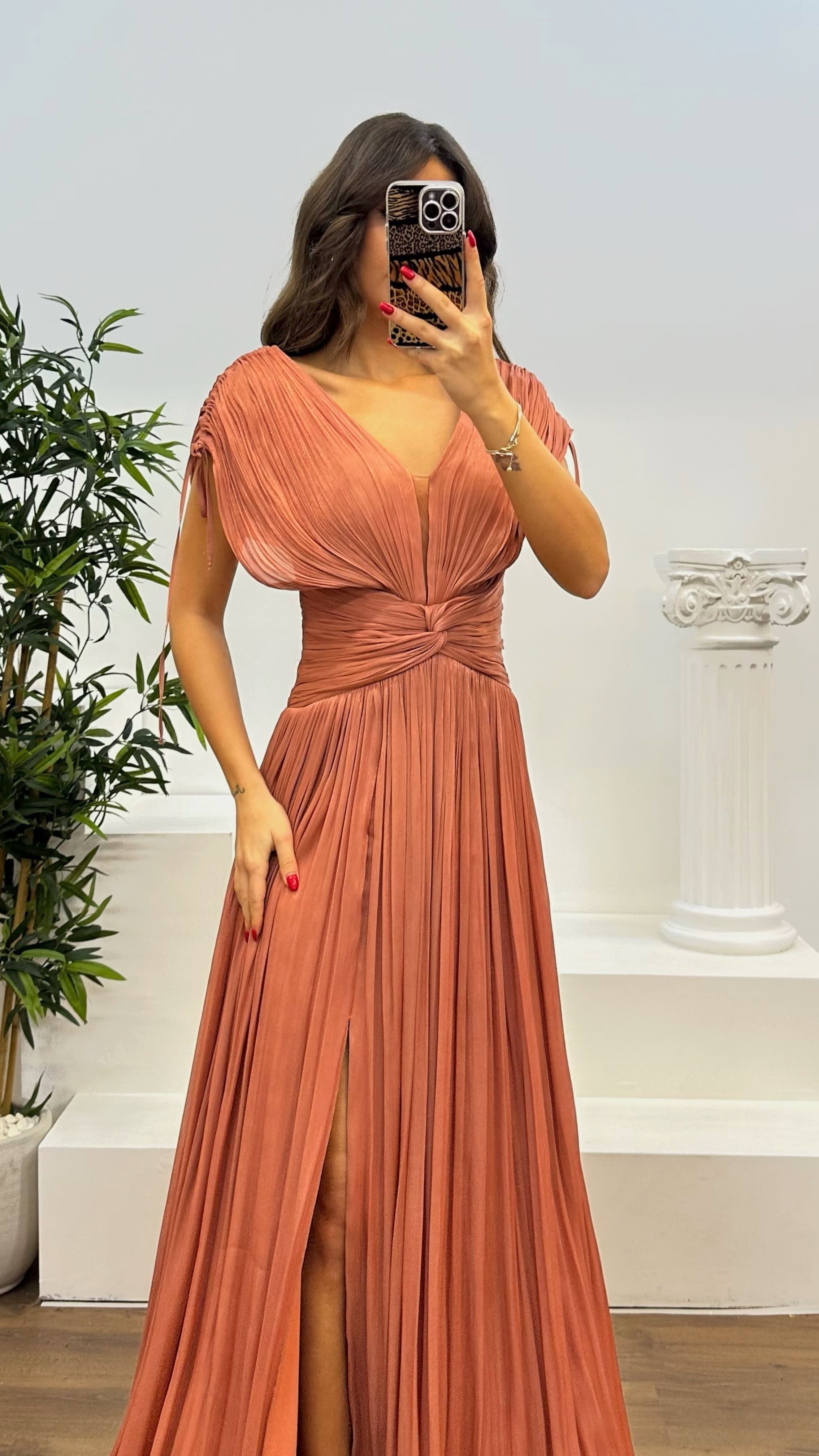 V-Neck Pleated Evening Dress