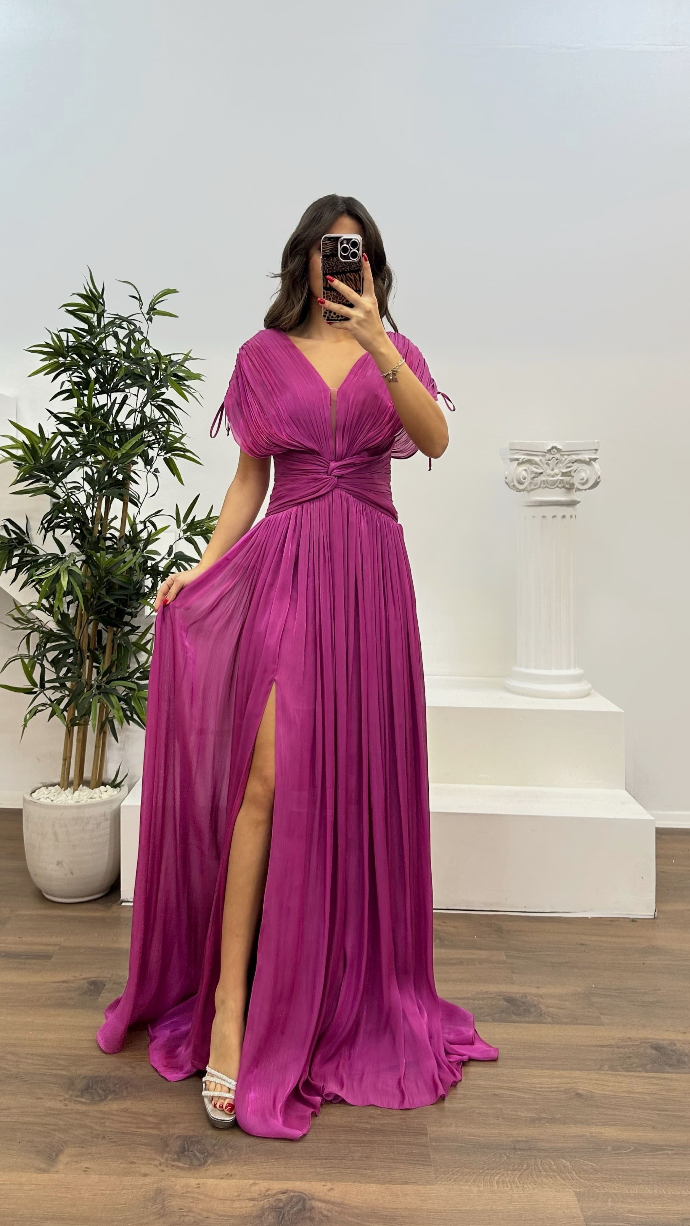 V-Neck Pleated Evening Dress