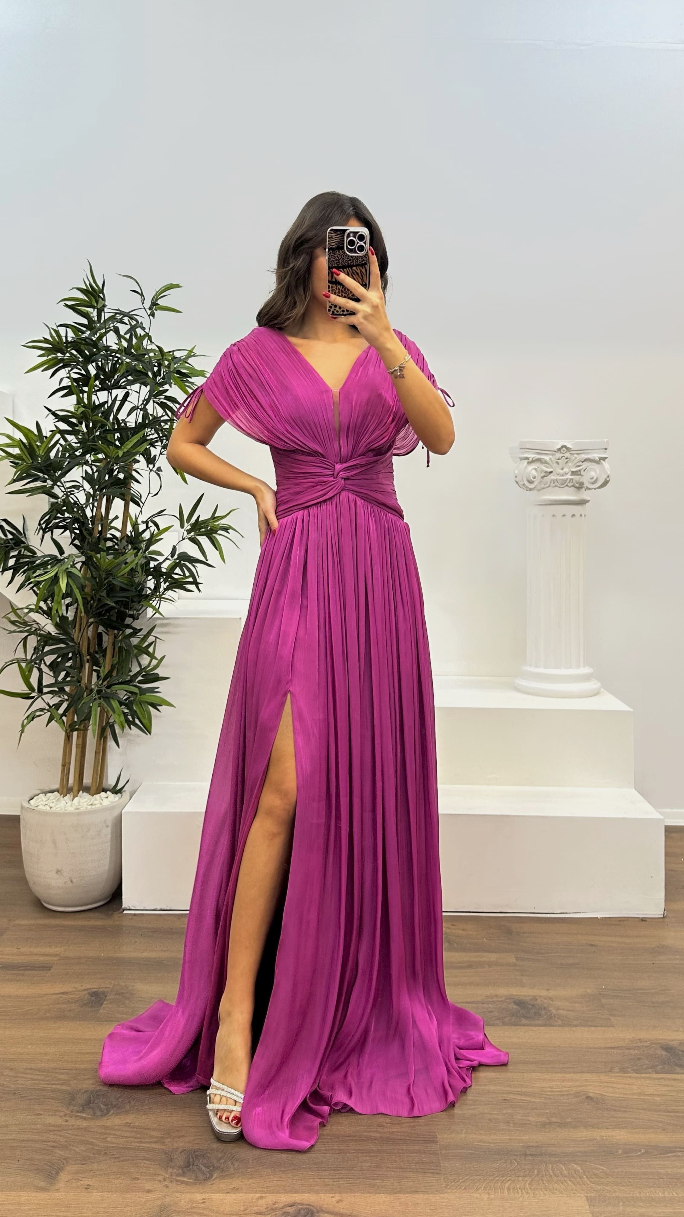 V-Neck Pleated Evening Dress