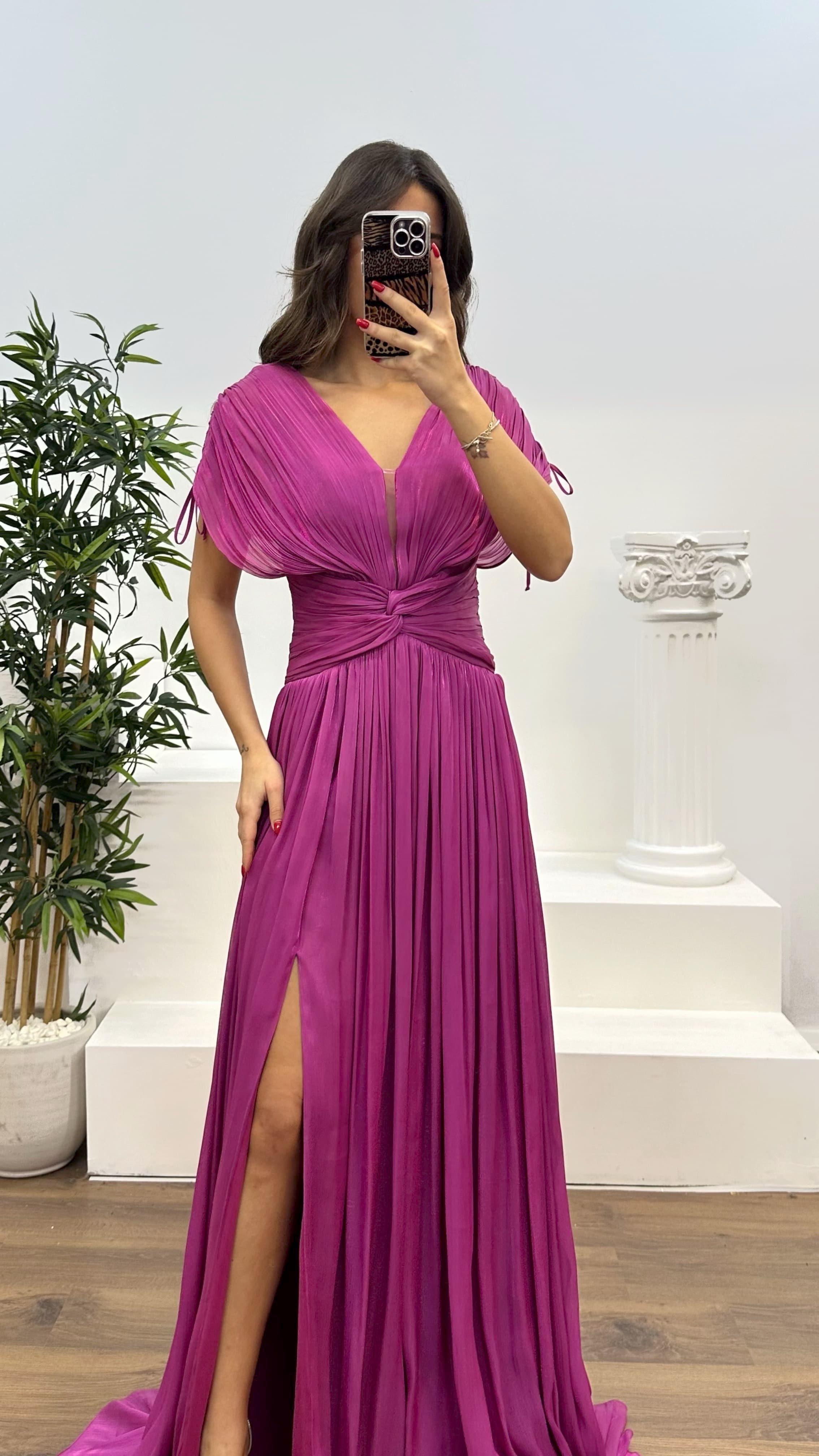 V-Neck Pleated Evening Dress