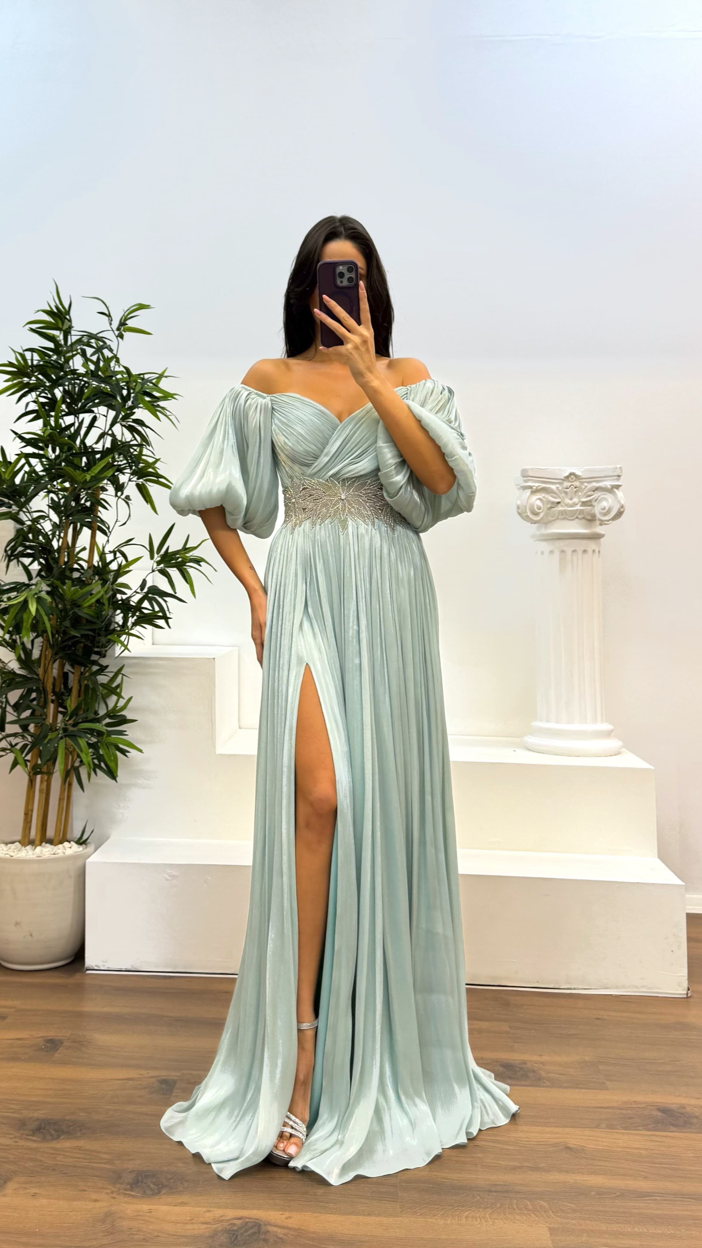 [Copy]Green Asymmetric Cut Waist Bow Evening Dress