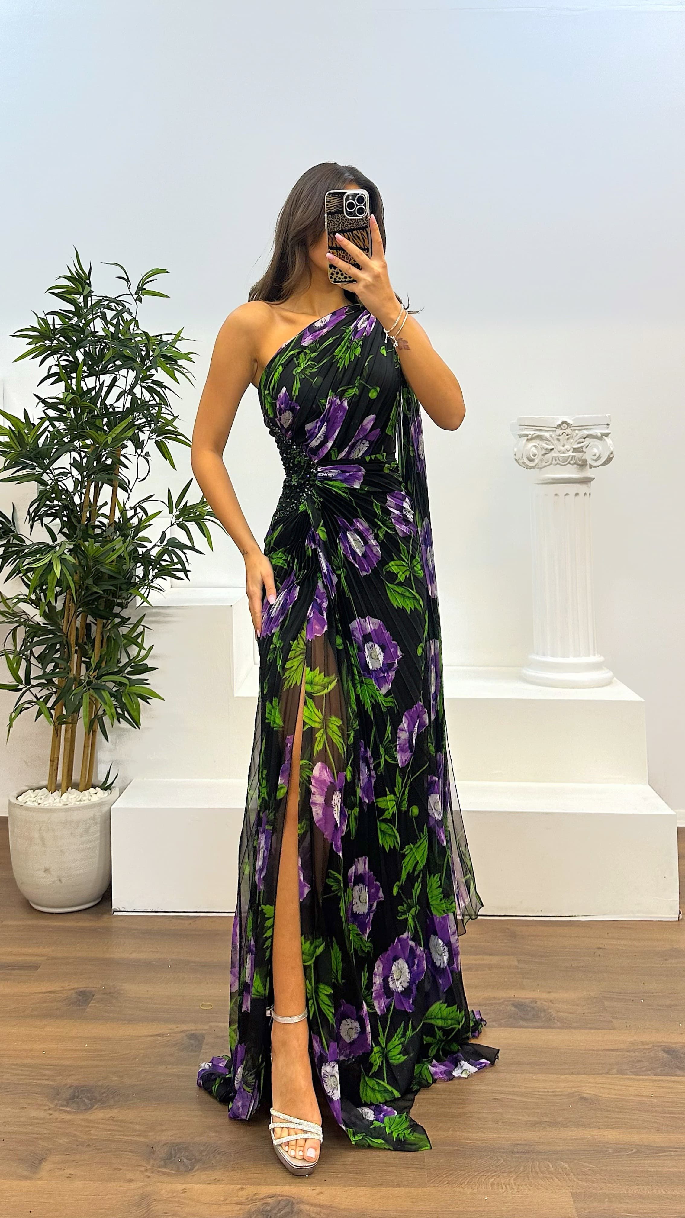 One Shoulder Pleated Chiffon Evening Dress