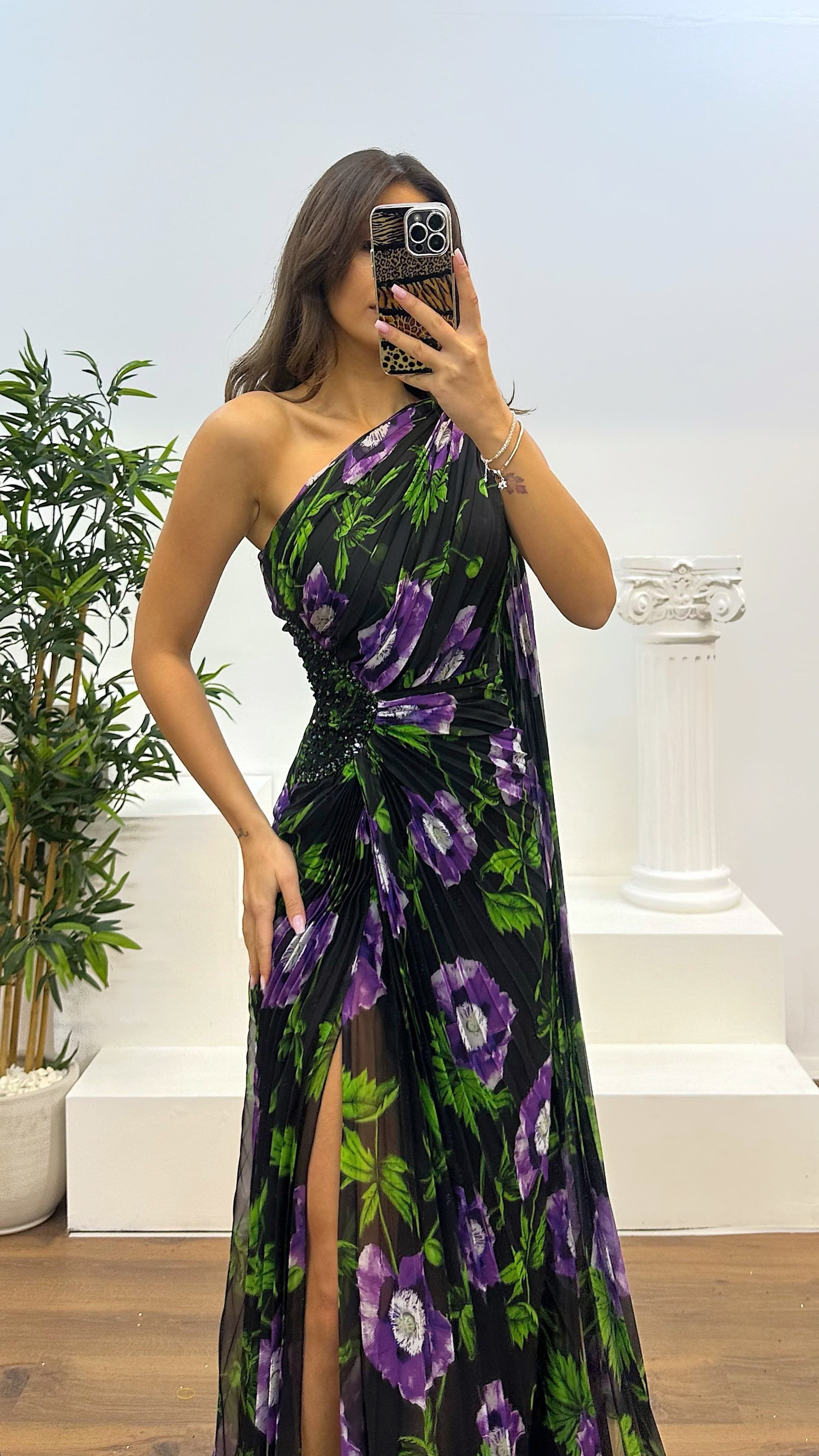 One Shoulder Pleated Chiffon Evening Dress