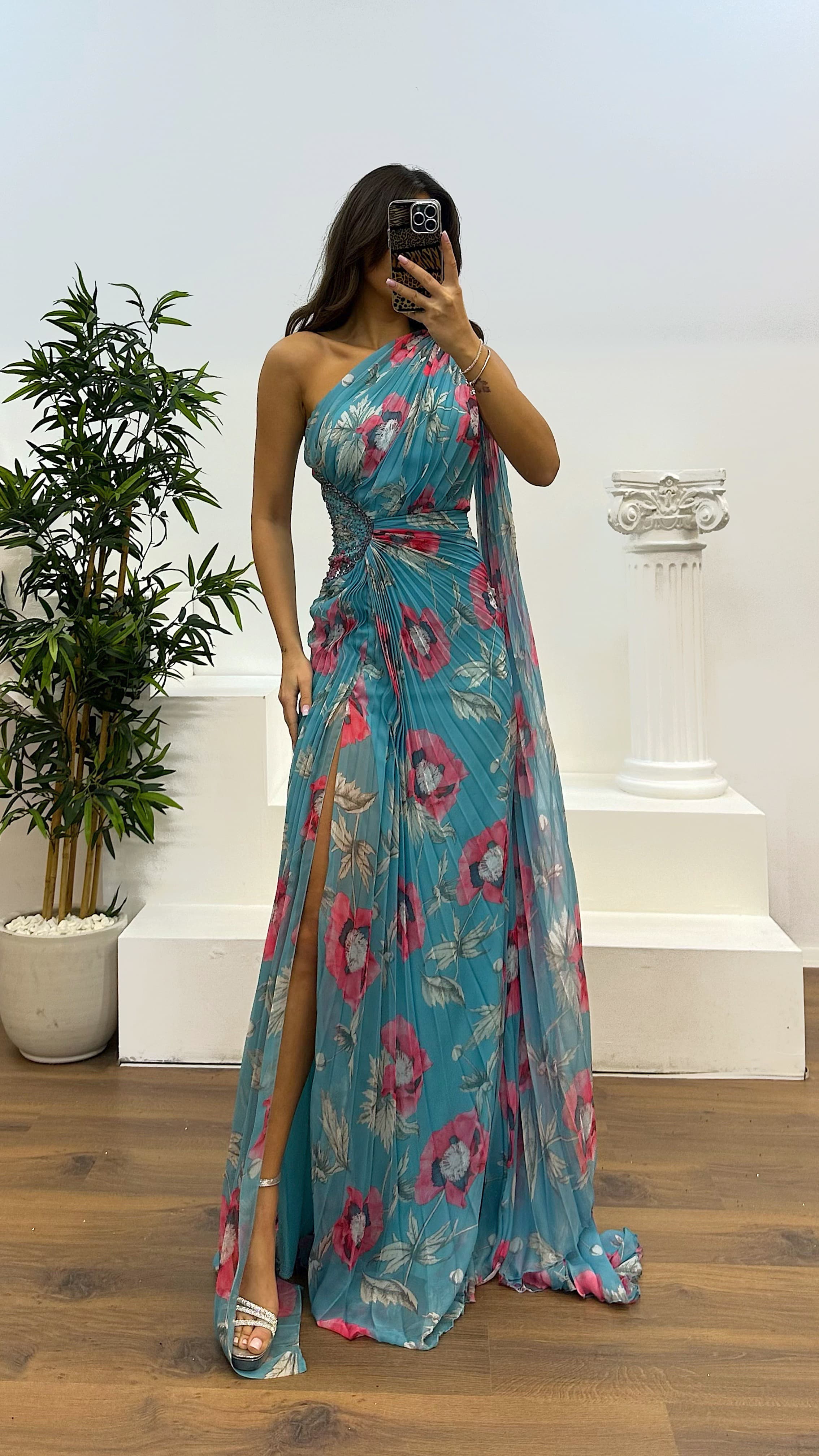 One Shoulder Pleated Chiffon Evening Dress
