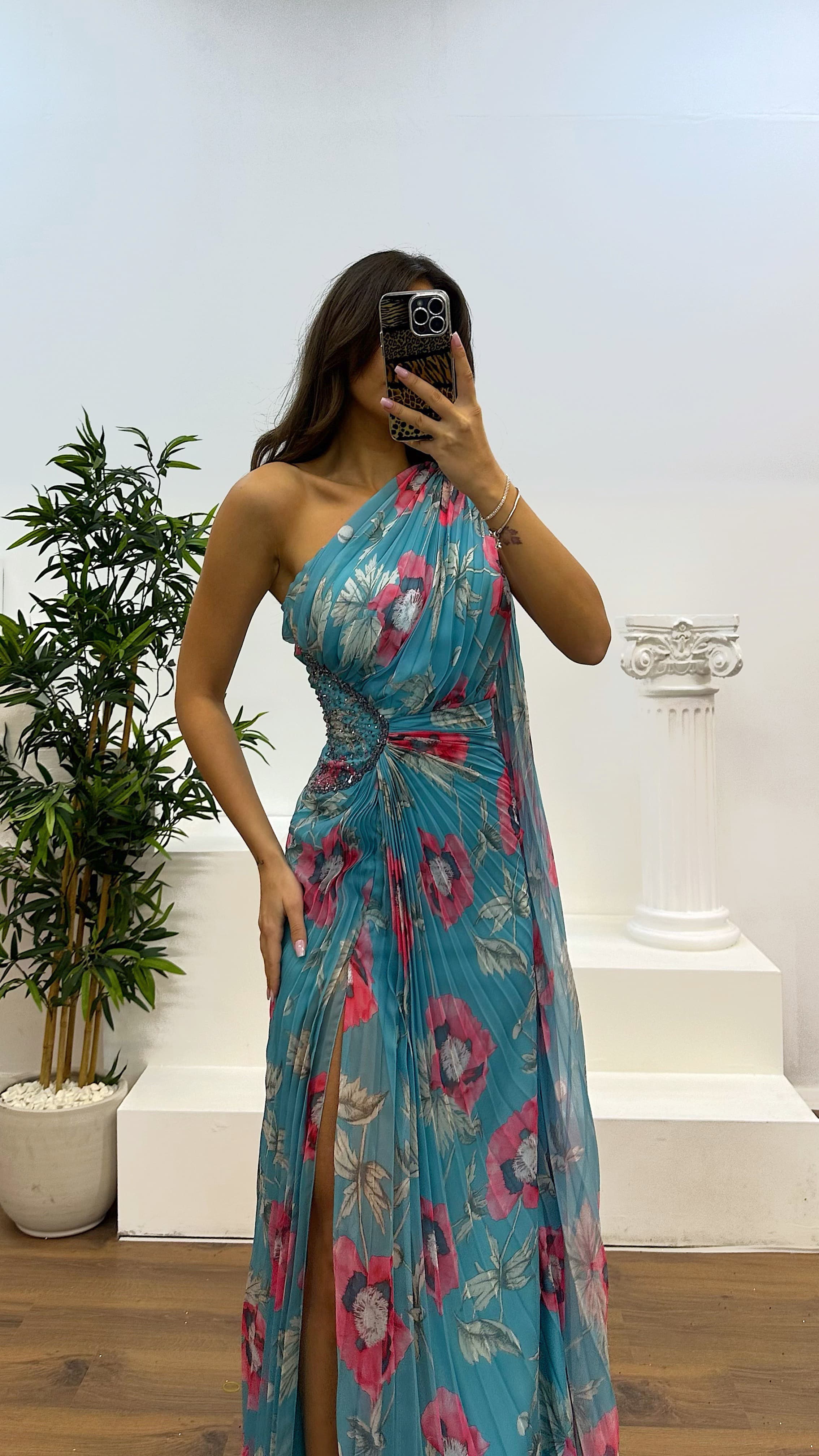 One Shoulder Pleated Chiffon Evening Dress